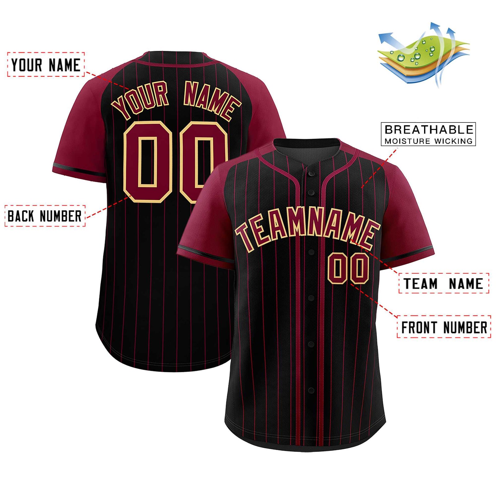 Custom Black Crimson Stripe Fashion Raglan Sleeves Authentic Baseball Jersey