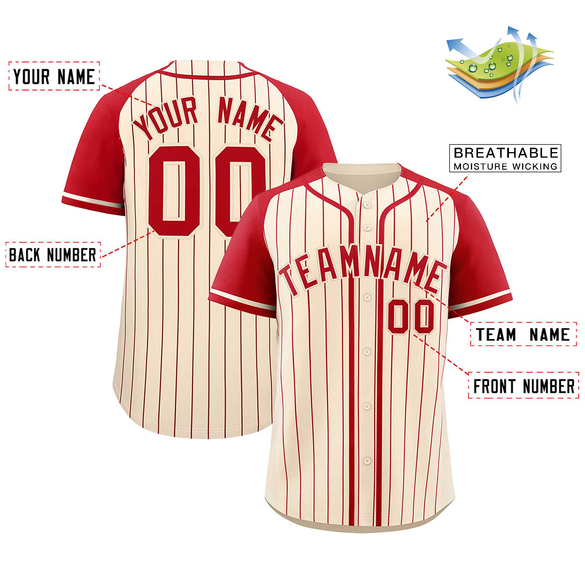 Custom Cream Red Stripe Fashion Raglan Sleeves Authentic Baseball Jersey