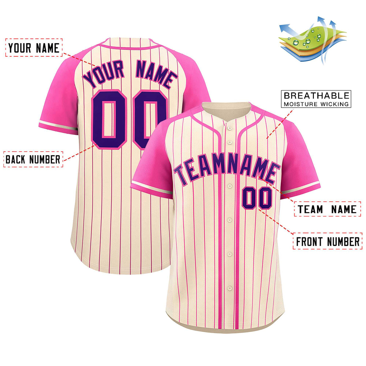 Custom Cream Pink Stripe Fashion Raglan Sleeves Authentic Baseball Jersey
