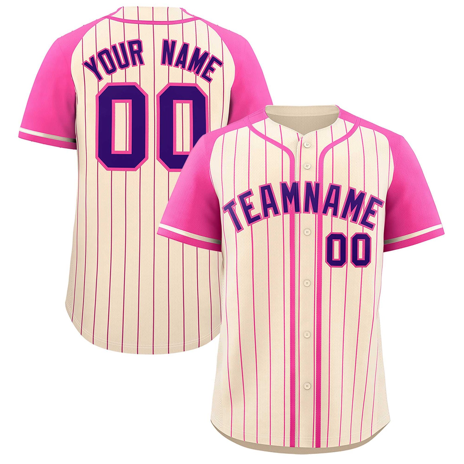 Custom Cream Pink Stripe Fashion Raglan Sleeves Authentic Baseball Jersey