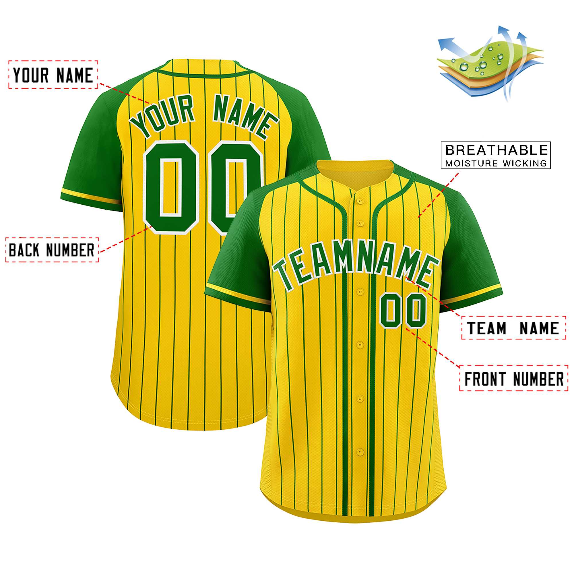 Custom Gold Kelly Green Stripe Fashion Raglan Sleeves Authentic Baseball Jersey