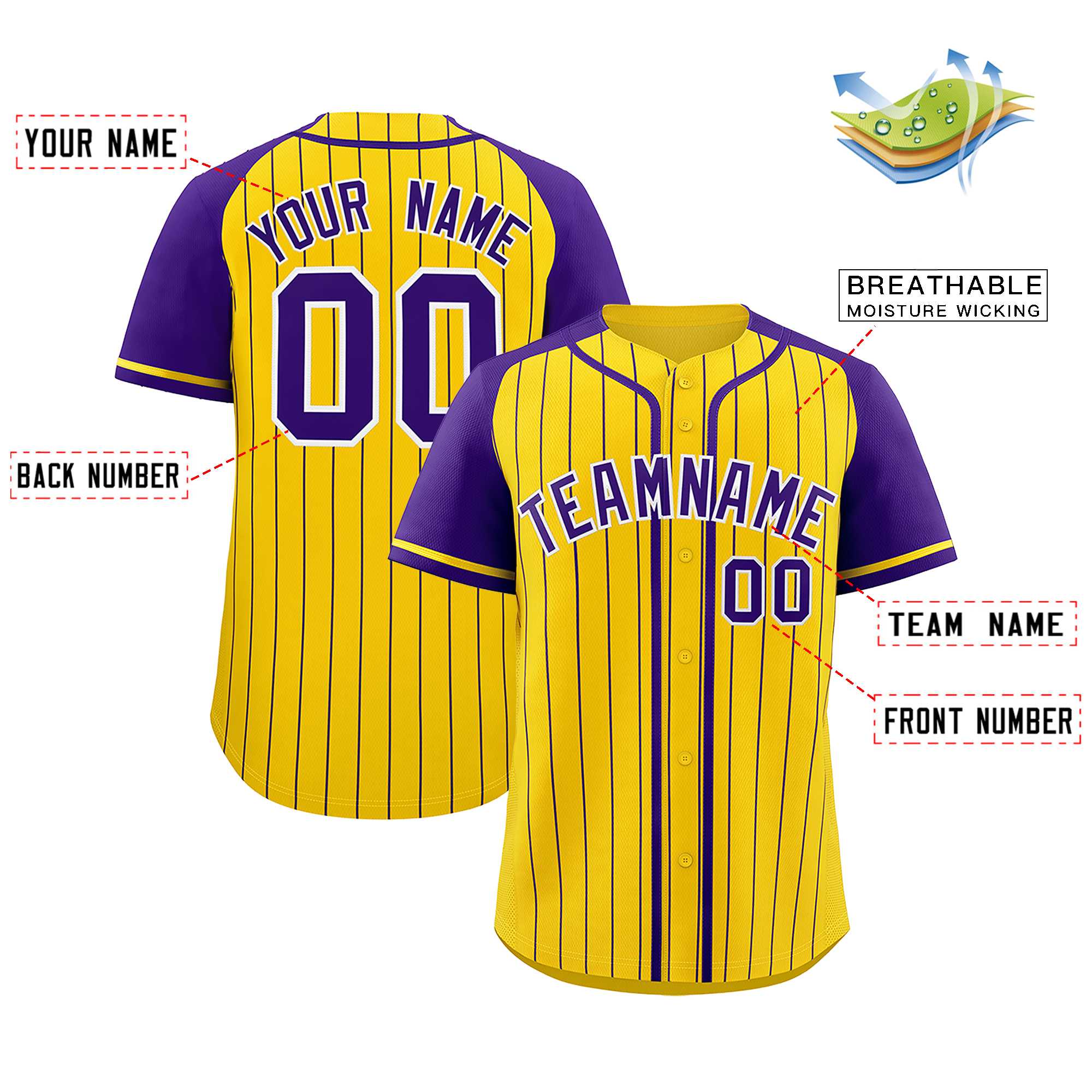 Custom Gold Purple Stripe Fashion Raglan Sleeves Authentic Baseball Jersey