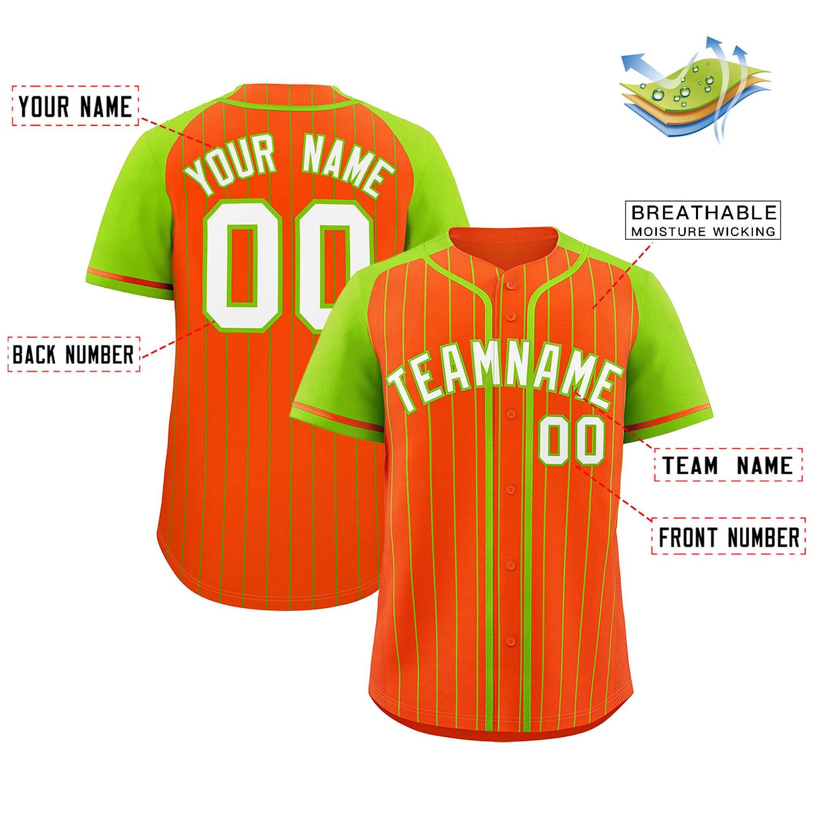 Custom Orange Neon Green Stripe Fashion Raglan Sleeves Authentic Baseball Jersey
