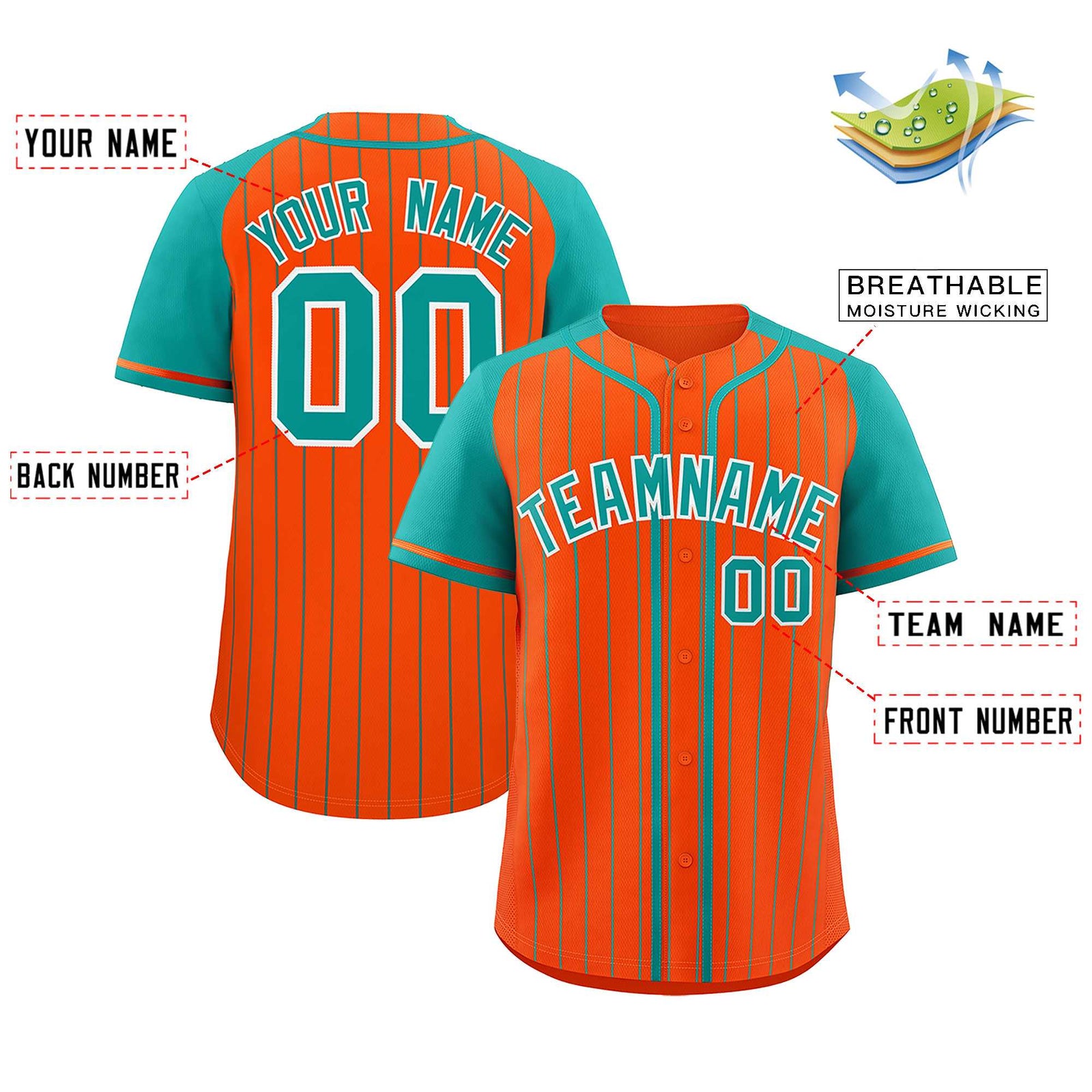 Custom Orange Aqua Stripe Fashion Raglan Sleeves Authentic Baseball Jersey