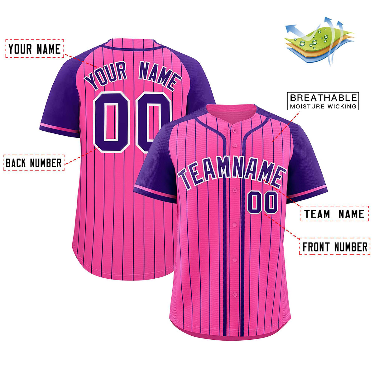 Custom Pink Purple Stripe Fashion Raglan Sleeves Authentic Baseball Jersey