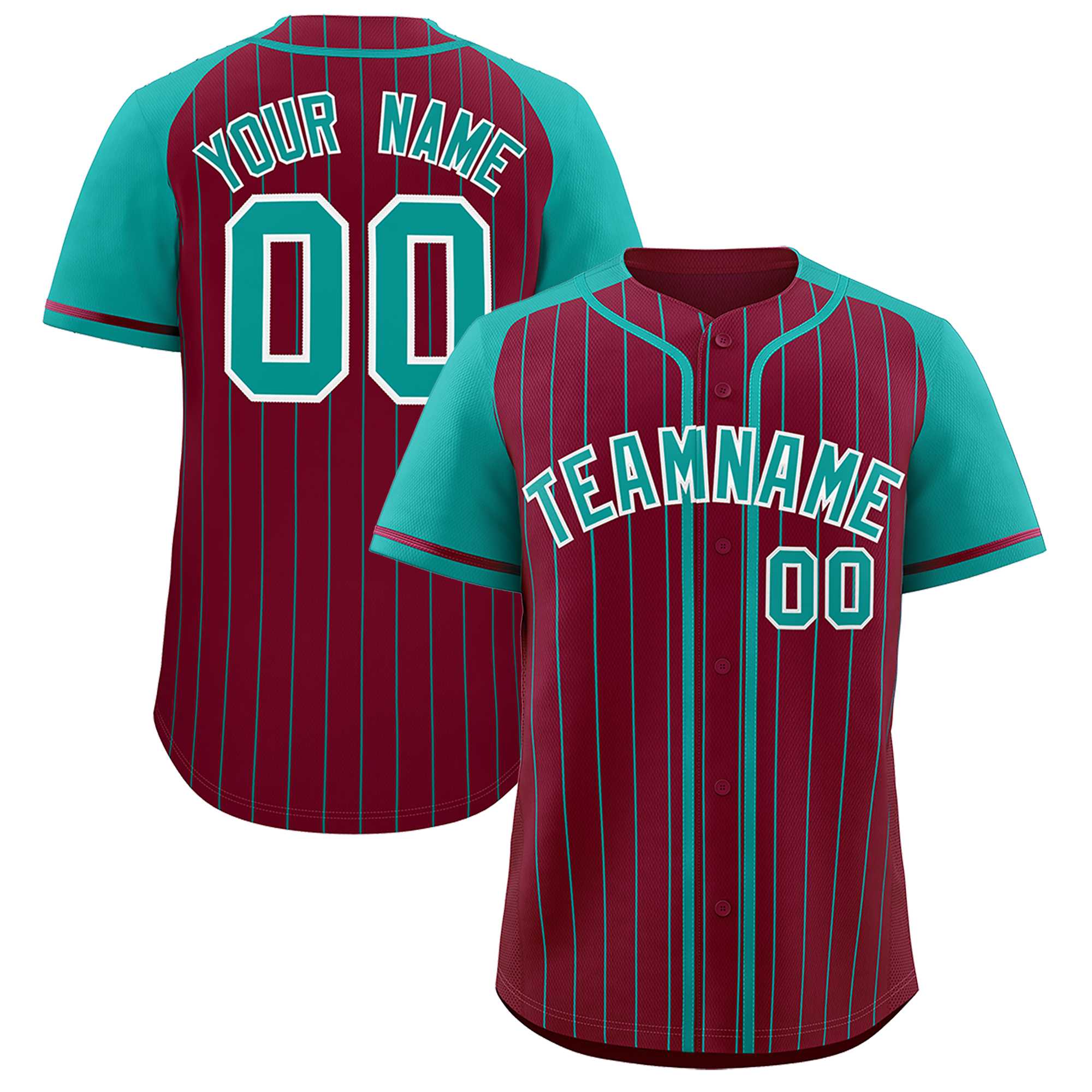 Custom Crimson Aqua Stripe Fashion Raglan Sleeves Authentic Baseball Jersey
