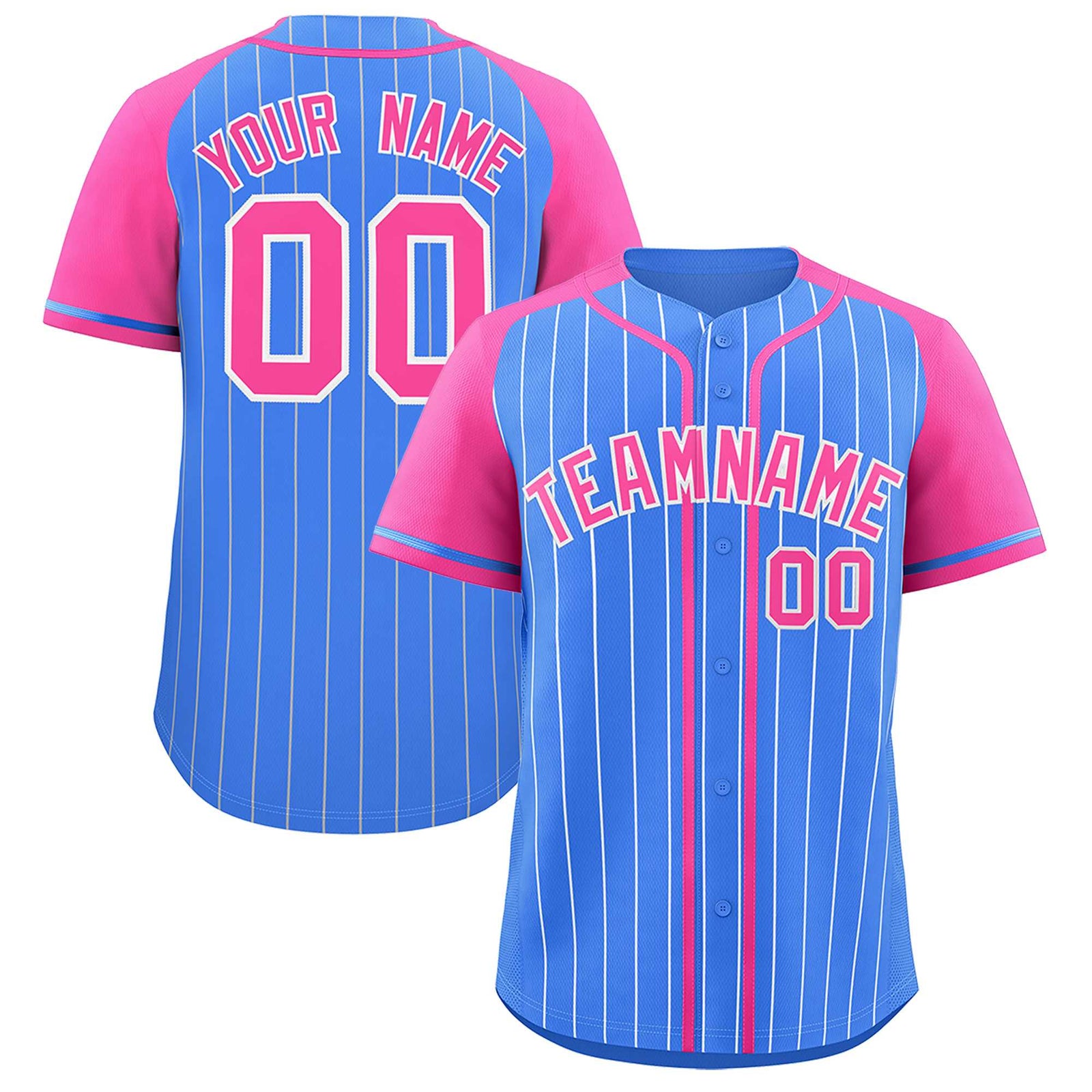 Custom Powder Blue Pink Stripe Fashion Raglan Sleeves Authentic Baseball Jersey