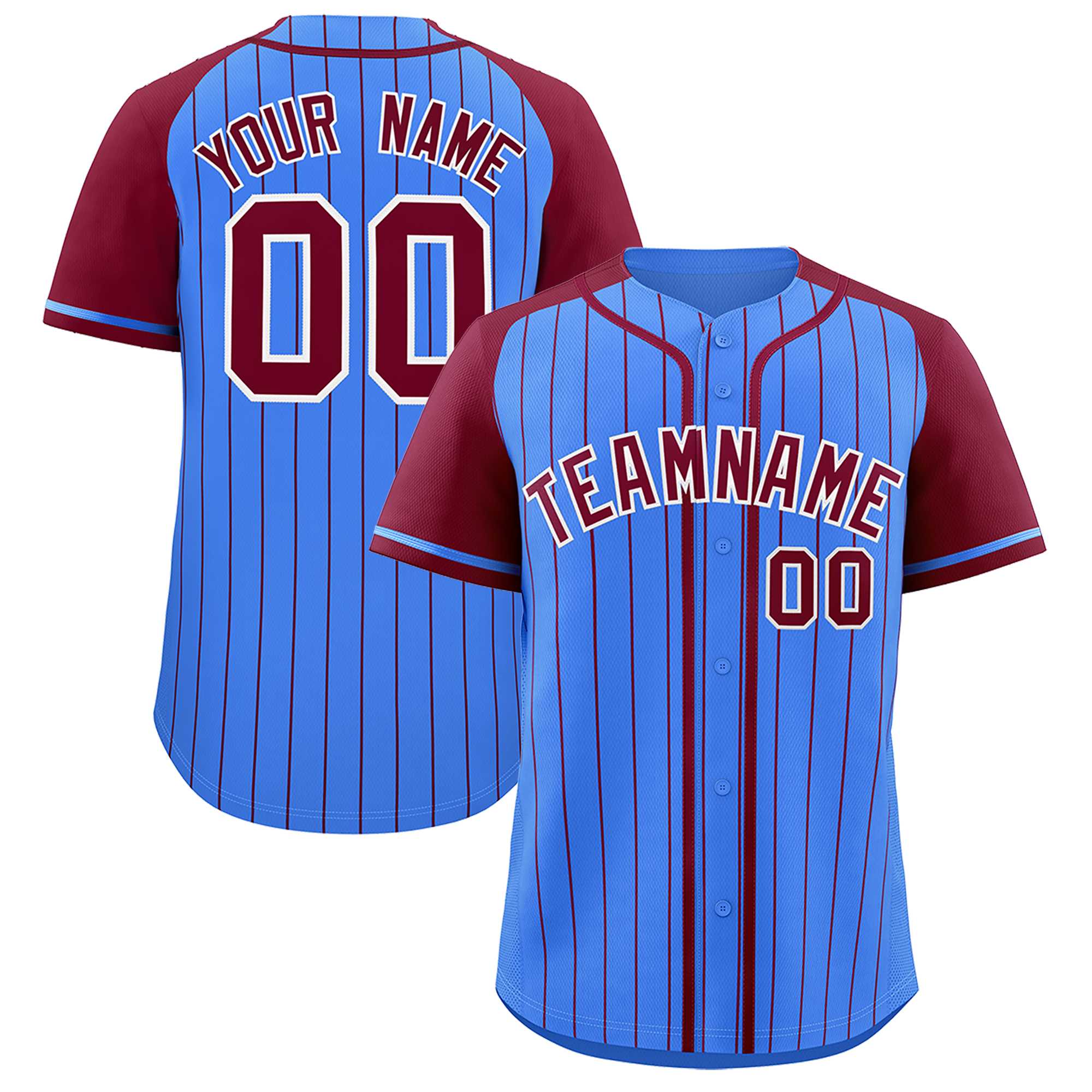 Custom Powder Blue Crimson Stripe Fashion Raglan Sleeves Authentic Baseball Jersey