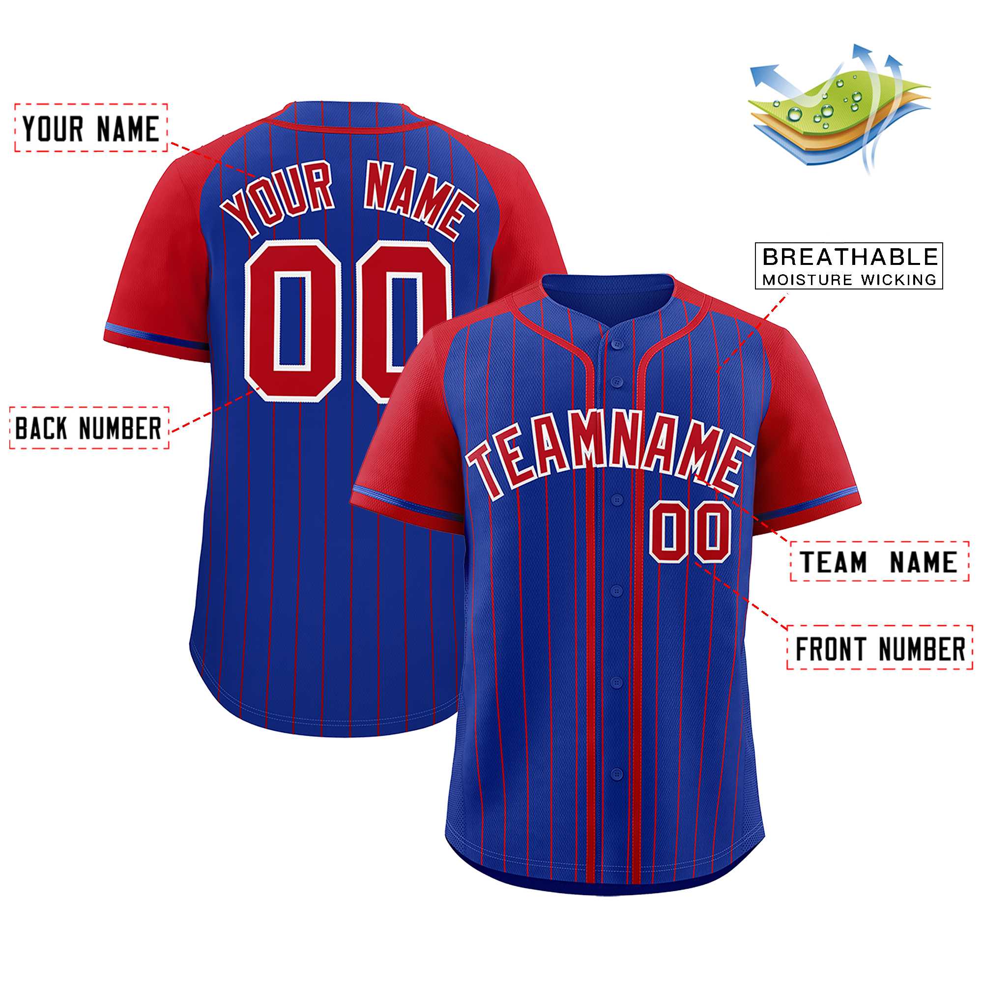 Custom Royal Red Stripe Fashion Raglan Sleeves Authentic Baseball Jersey