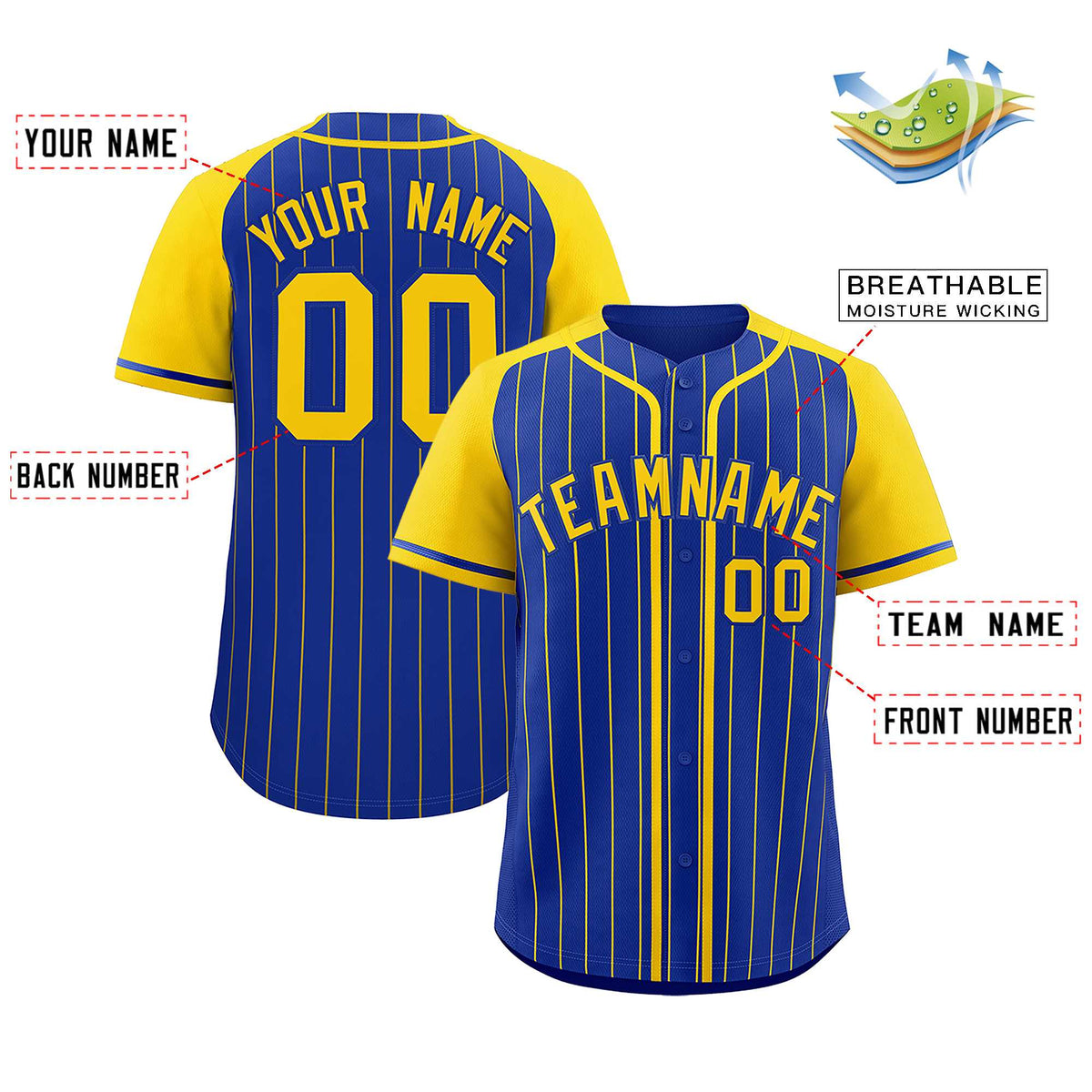 Custom Royal Gold Stripe Fashion Raglan Sleeves Authentic Baseball Jersey