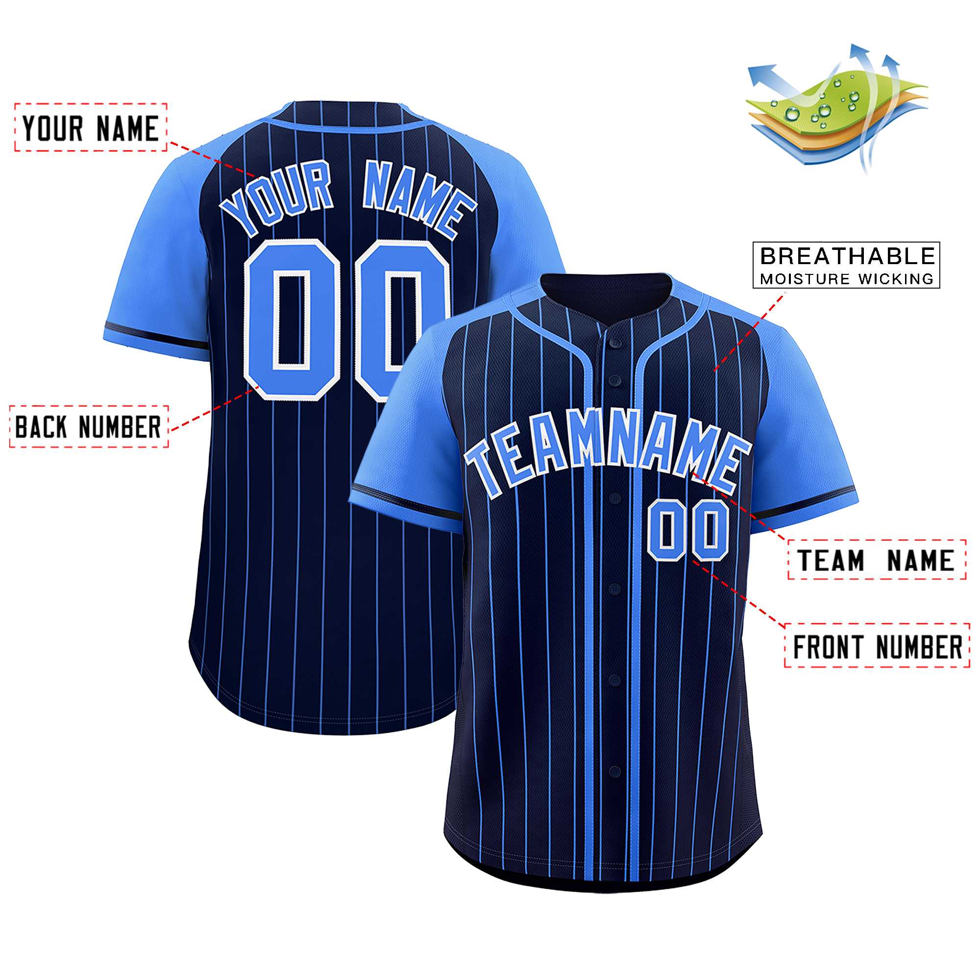 Custom Navy Powder Blue Stripe Fashion Raglan Sleeves Authentic Baseball Jersey