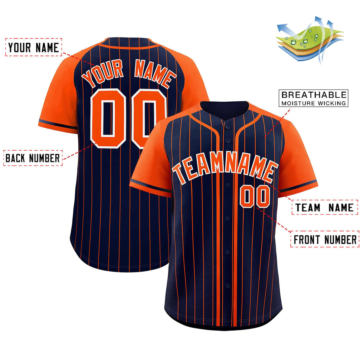 Custom Navy Orange Stripe Fashion Raglan Sleeves Authentic Baseball Jersey