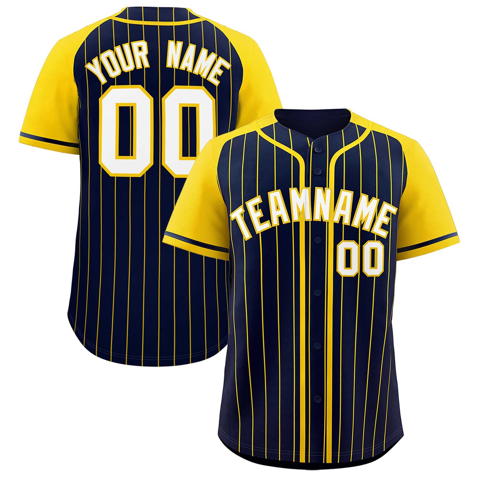 Custom Navy Gold Stripe Fashion Raglan Sleeves Authentic Baseball Jersey