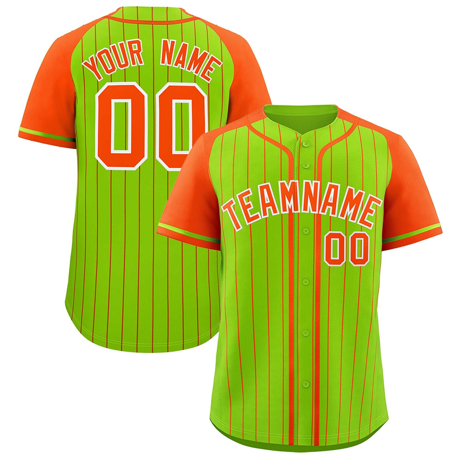 Custom Neon Green Orange Stripe Fashion Raglan Sleeves Authentic Baseball Jersey