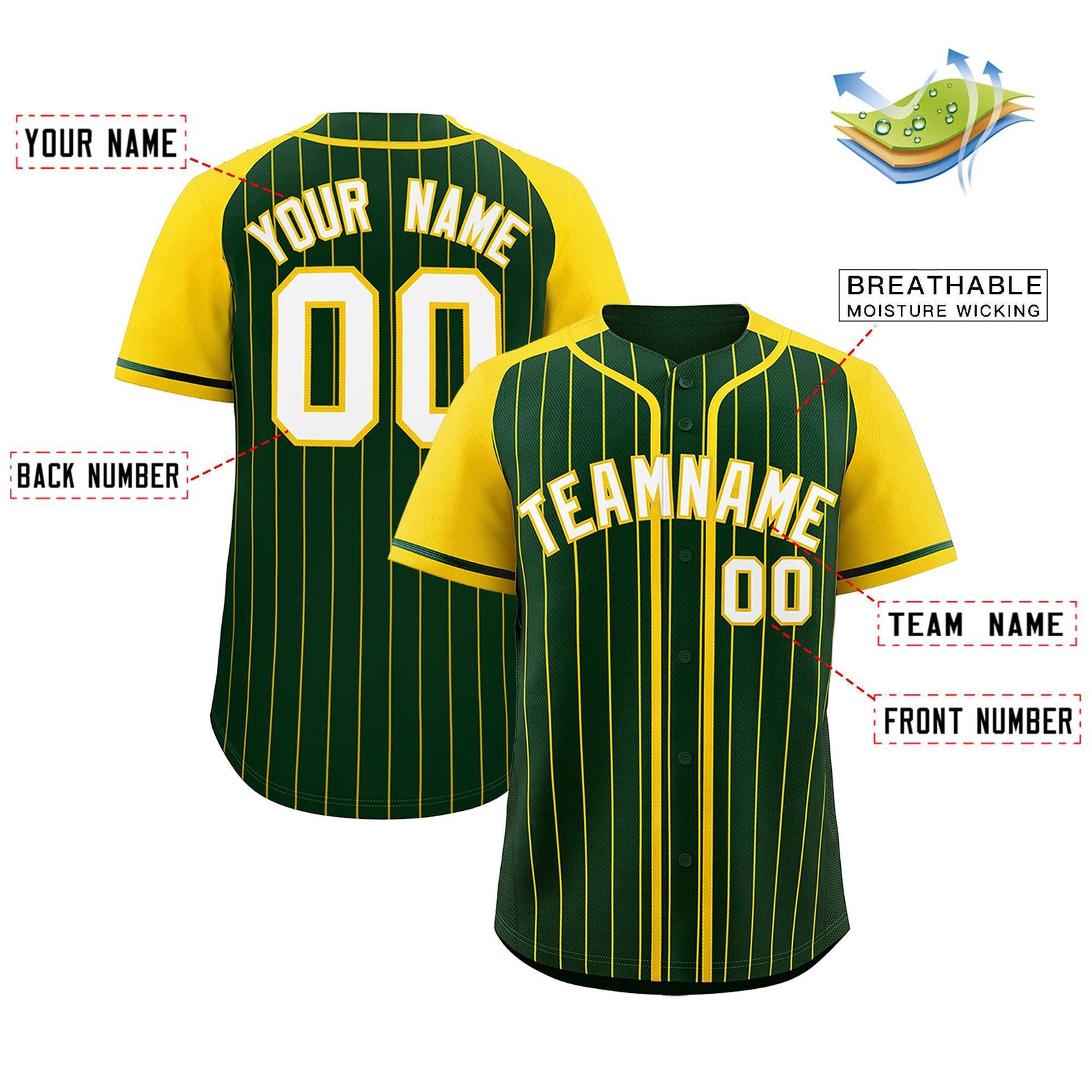 Custom Green Gold Stripe Fashion Raglan Sleeves Authentic Baseball Jersey
