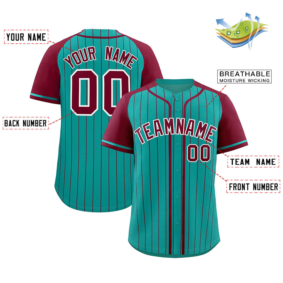 Custom Aqua Crimson Stripe Fashion Raglan Sleeves Authentic Baseball Jersey