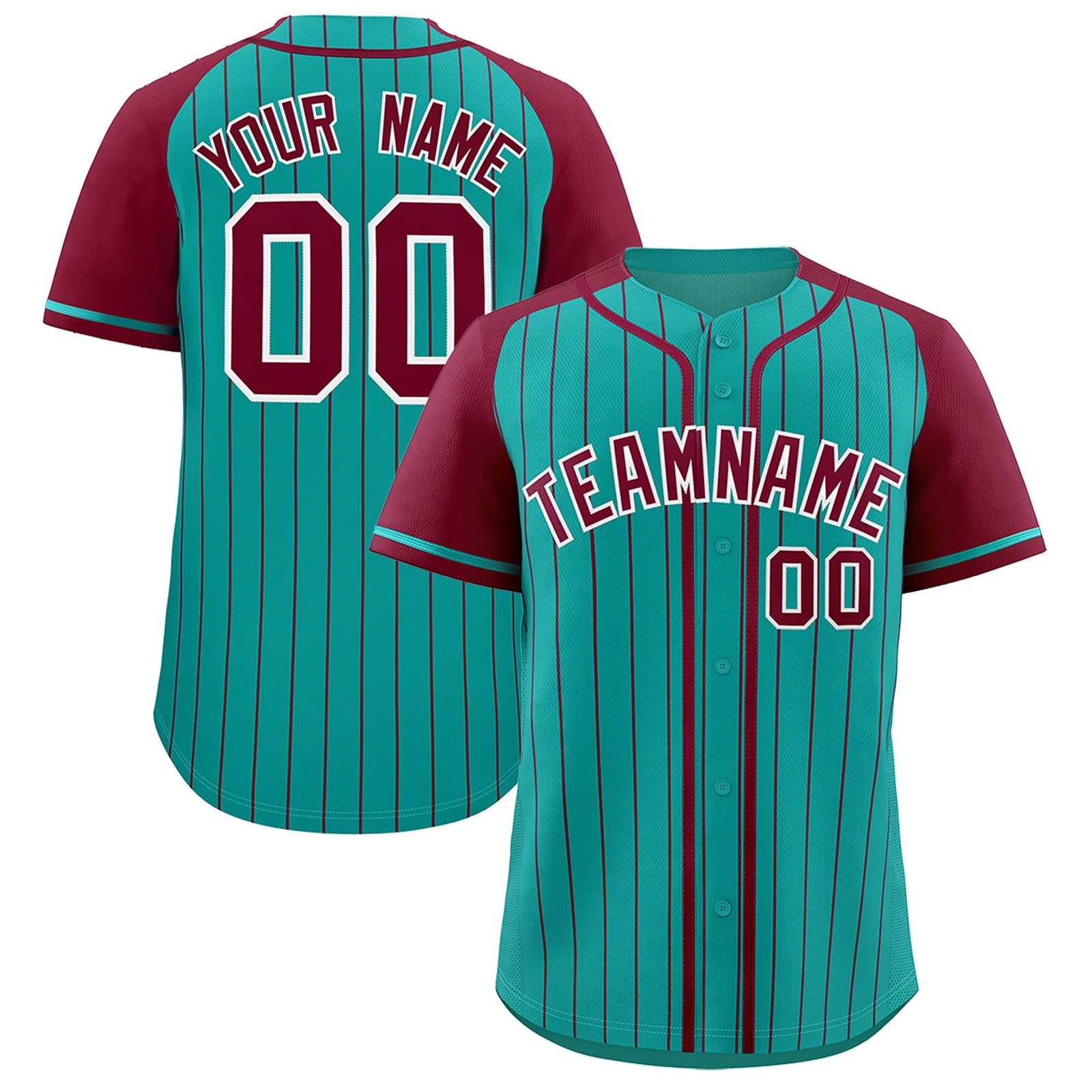 Custom Aqua Crimson Stripe Fashion Raglan Sleeves Authentic Baseball Jersey