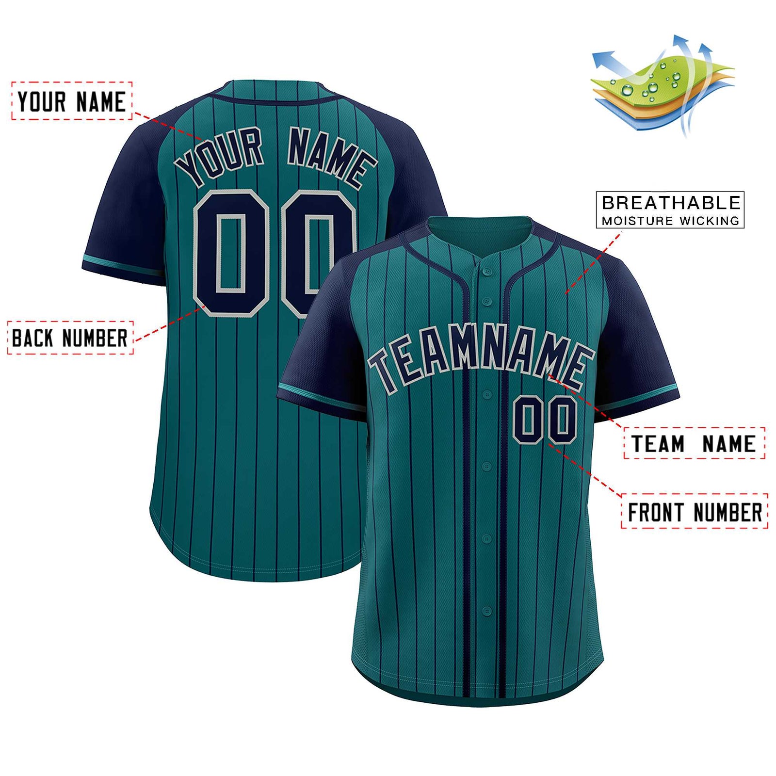 Custom Aqua Navy Stripe Fashion Raglan Sleeves Authentic Baseball Jersey