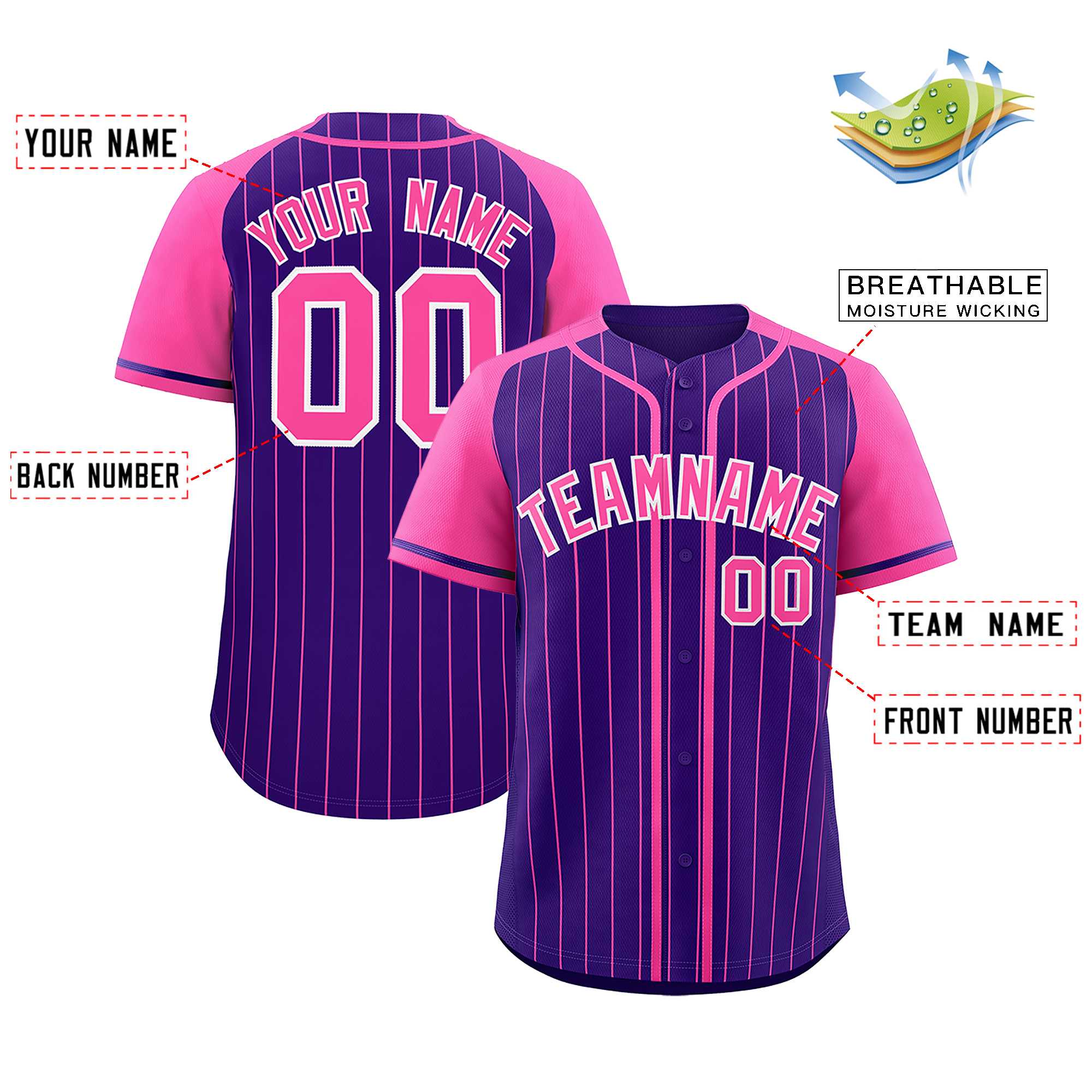 Custom Purple Pink Stripe Fashion Raglan Sleeves Authentic Baseball Jersey