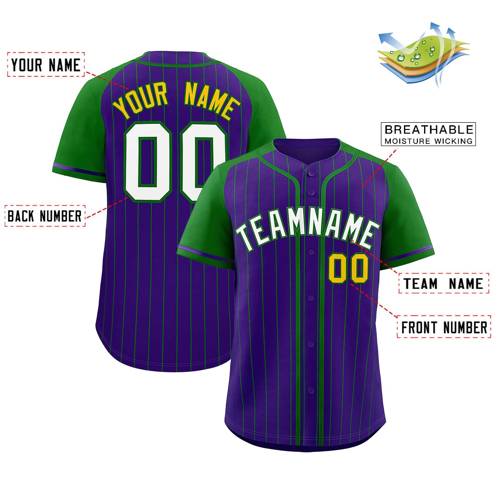 Custom Purple Kelly Green Stripe Fashion Raglan Sleeves Authentic Baseball Jersey