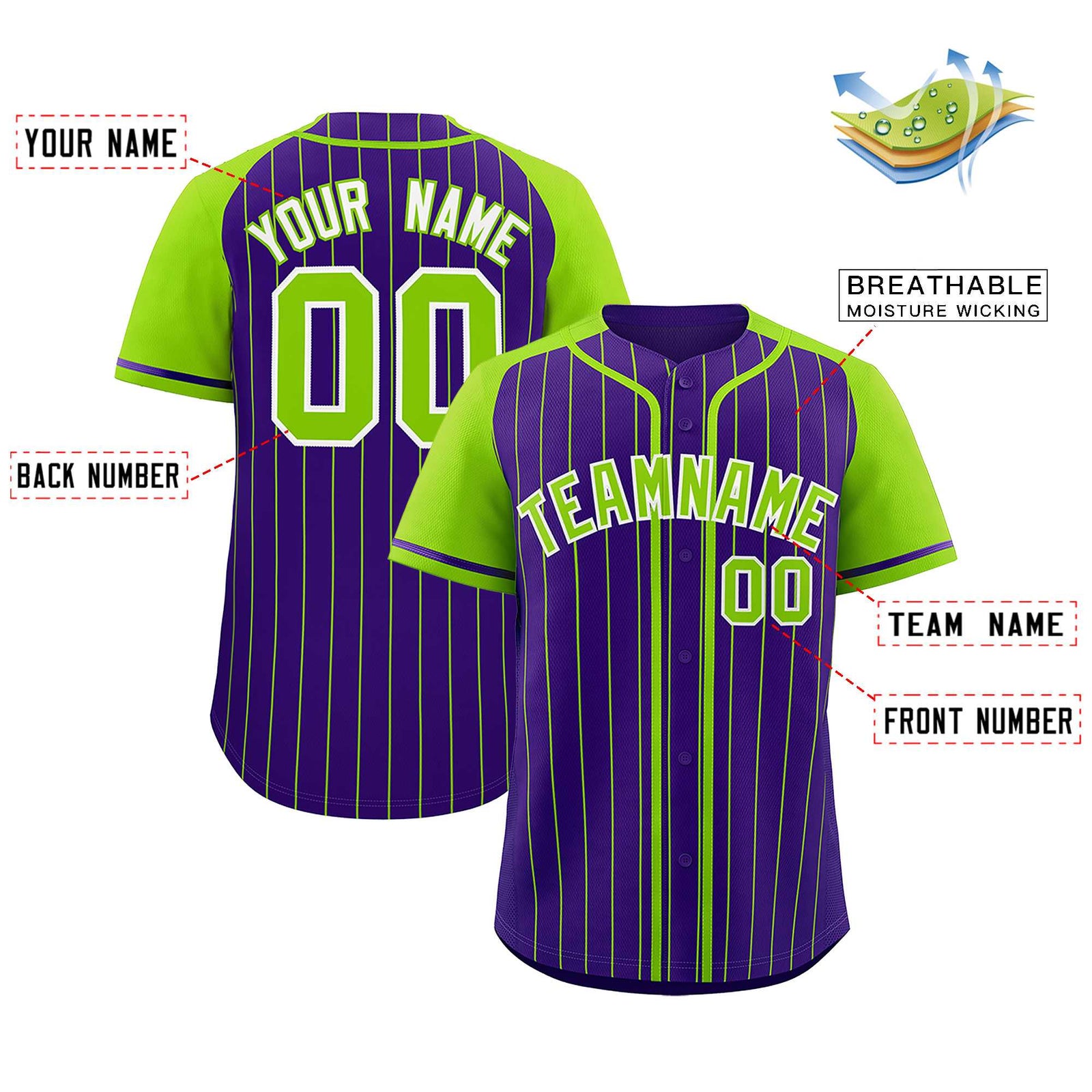 Custom Purple Neon Green Stripe Fashion Raglan Sleeves Authentic Baseball Jersey