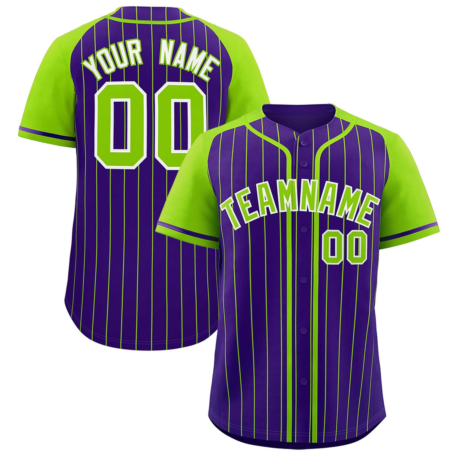 Custom Purple Neon Green Stripe Fashion Raglan Sleeves Authentic Baseball Jersey