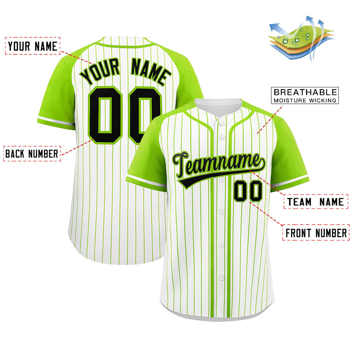 Custom White Neon Green Stripe Fashion Raglan Sleeves Authentic Baseball Jersey