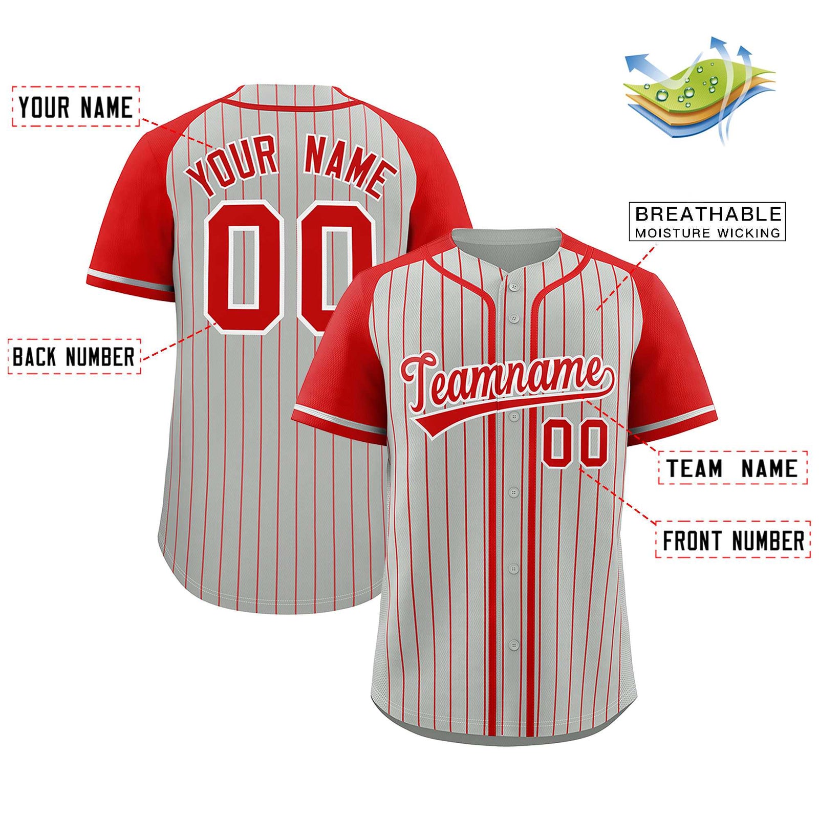 Custom Gray Red Stripe Fashion Raglan Sleeves Authentic Baseball Jersey