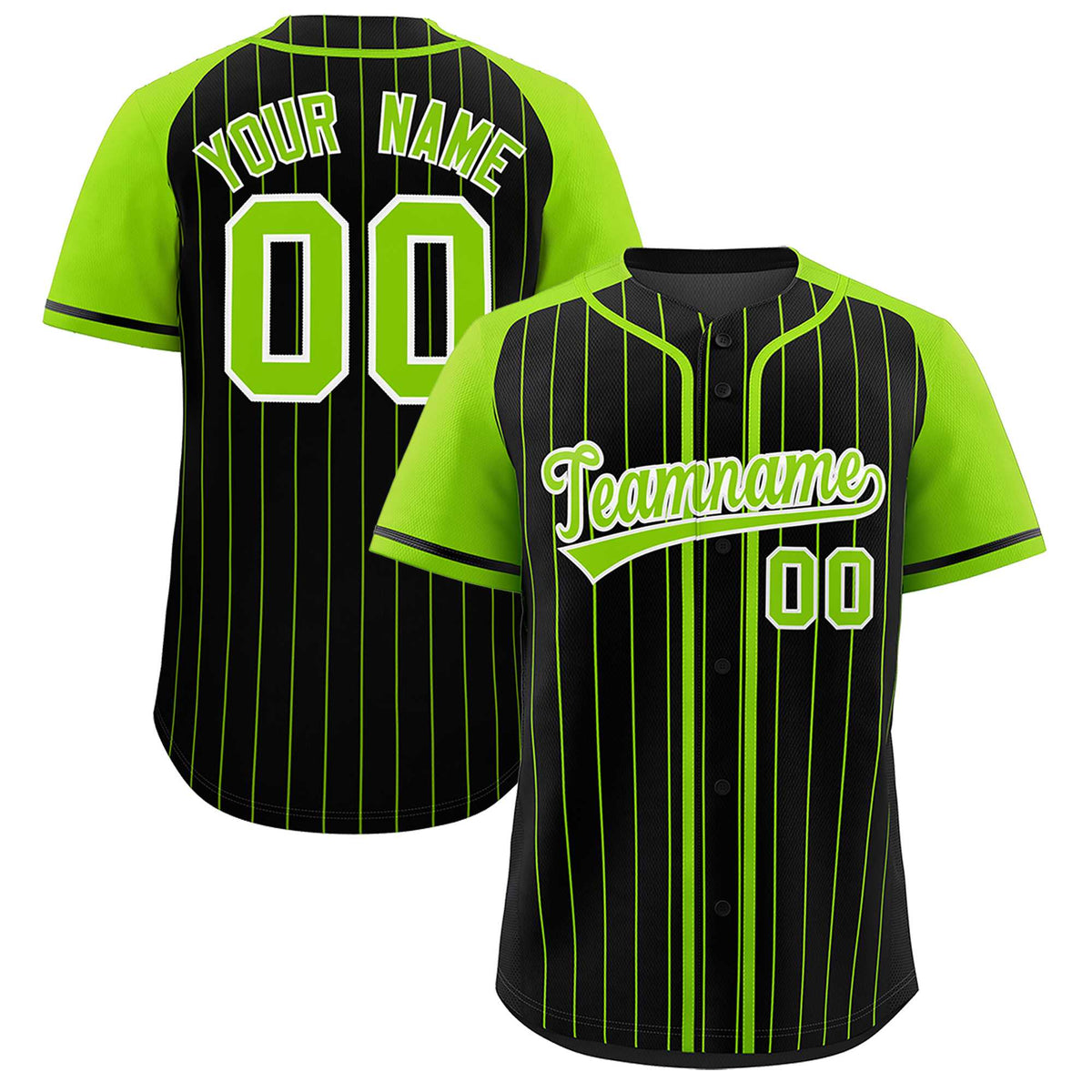 Custom Black Neon Green Stripe Fashion Raglan Sleeves Authentic Baseball Jersey