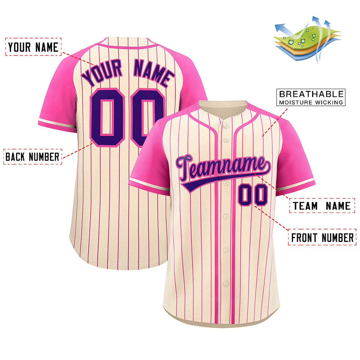 Custom Cream Pink Stripe Fashion Raglan Sleeves Authentic Baseball Jersey