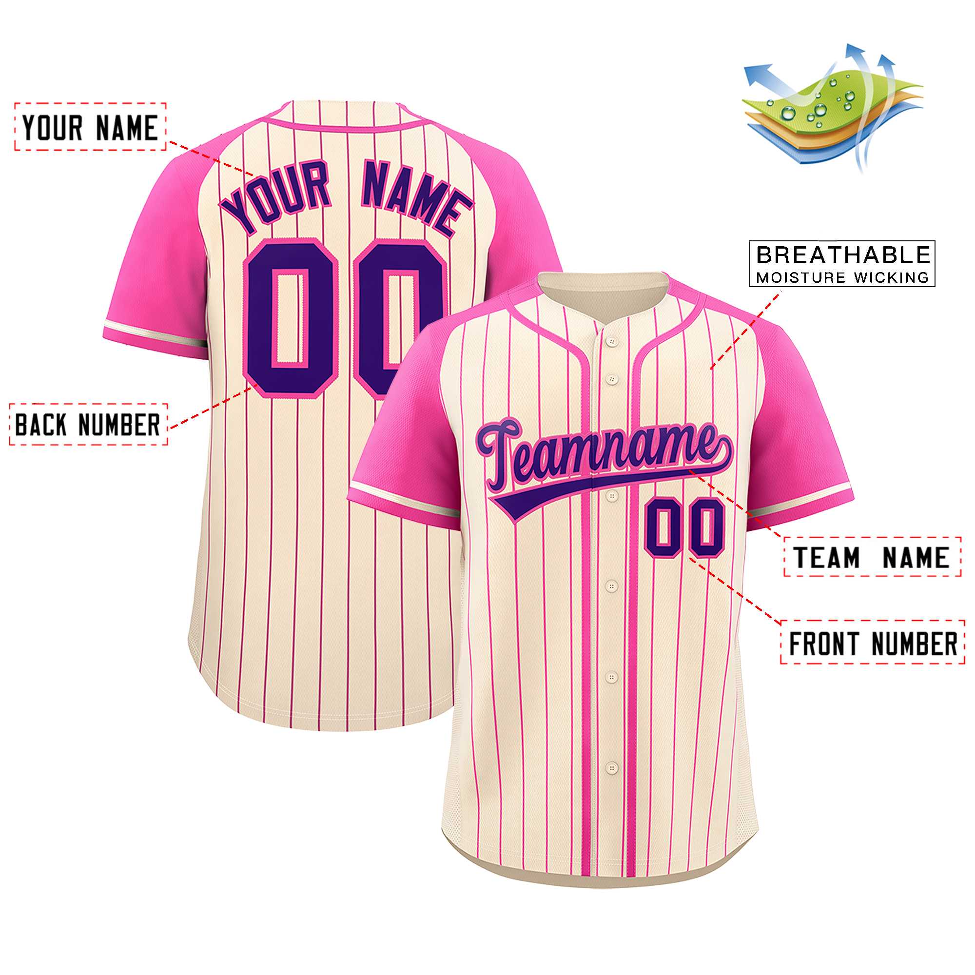 Custom Cream Pink Stripe Fashion Raglan Sleeves Authentic Baseball Jersey