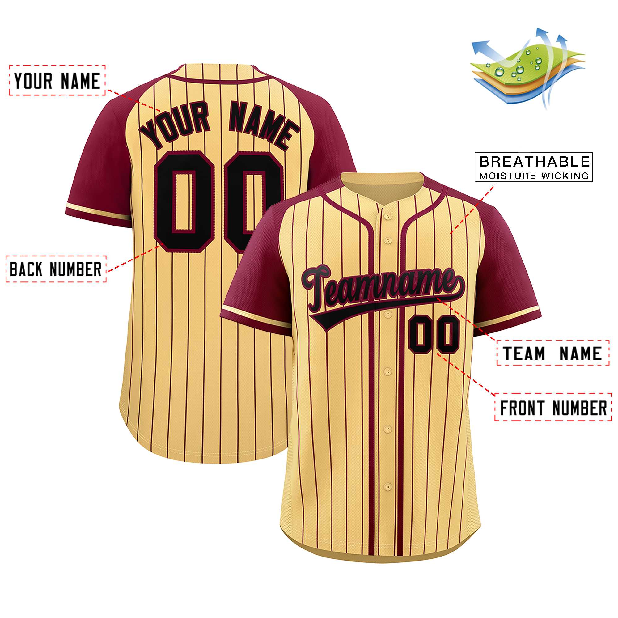 Custom Khaki Crimson Stripe Fashion Raglan Sleeves Authentic Baseball Jersey