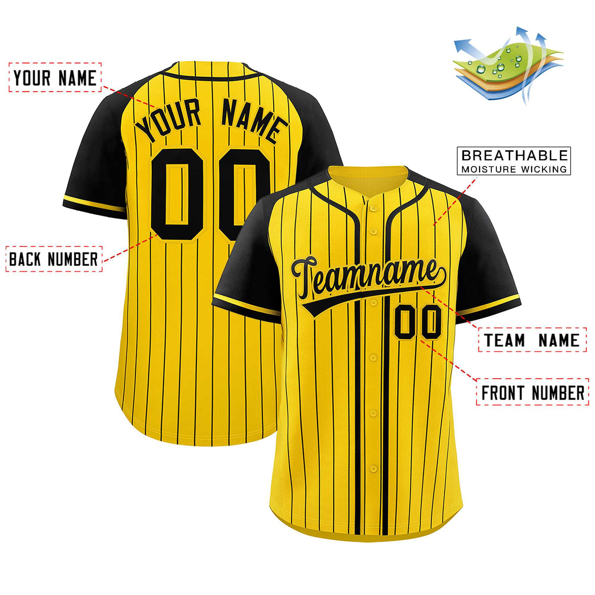 Custom Gold Black Stripe Fashion Raglan Sleeves Authentic Baseball Jersey
