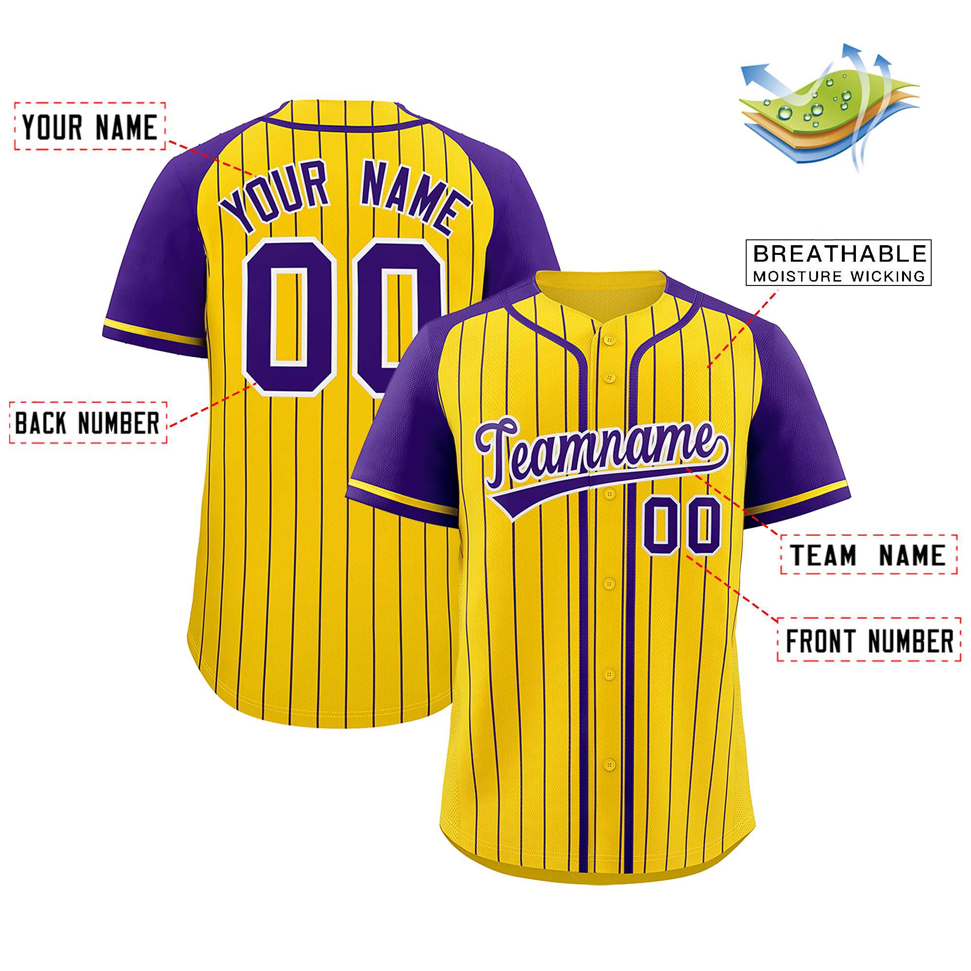 Custom Gold Purple Stripe Fashion Raglan Sleeves Authentic Baseball Jersey
