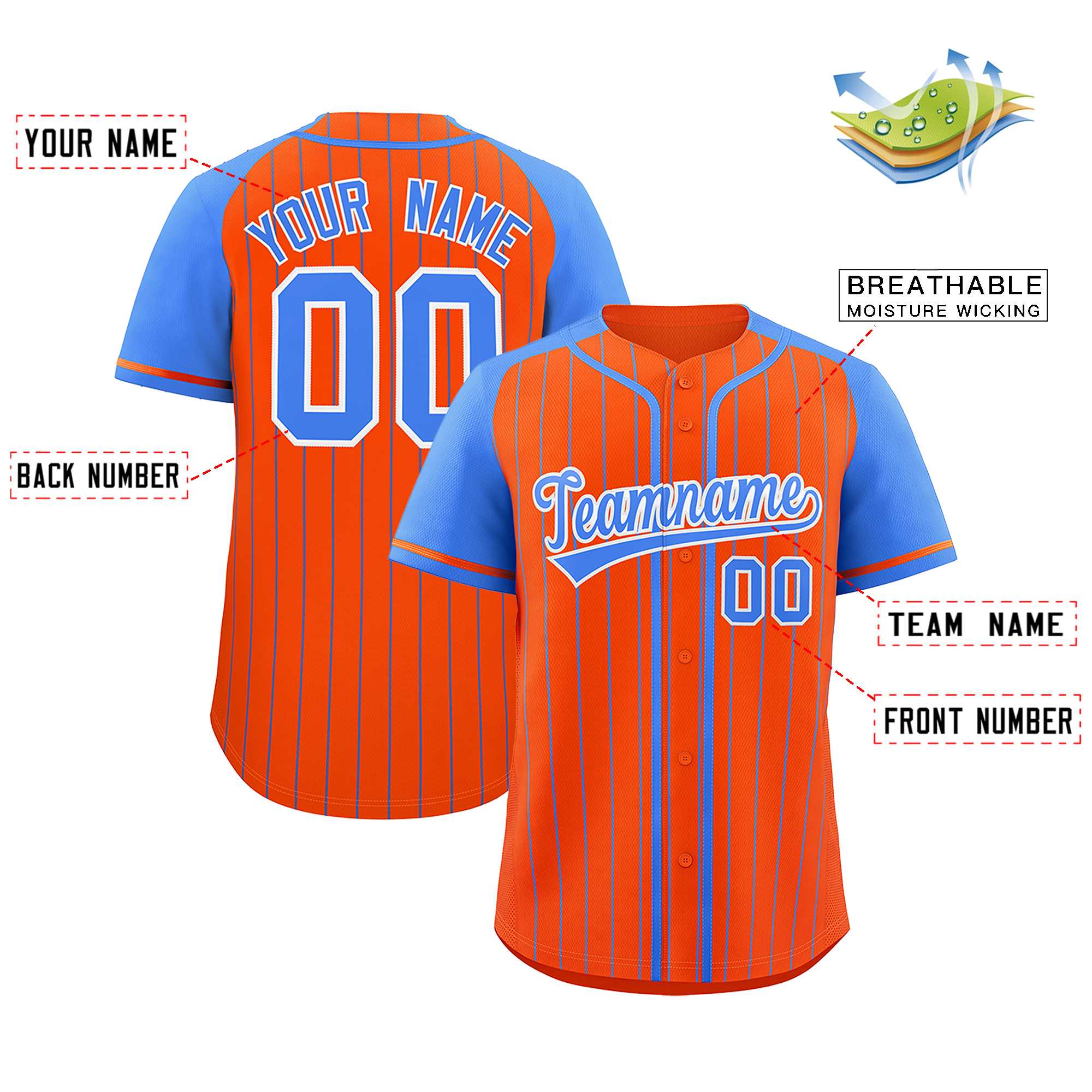Custom Orange Powder Blue Stripe Fashion Raglan Sleeves Authentic Baseball Jersey
