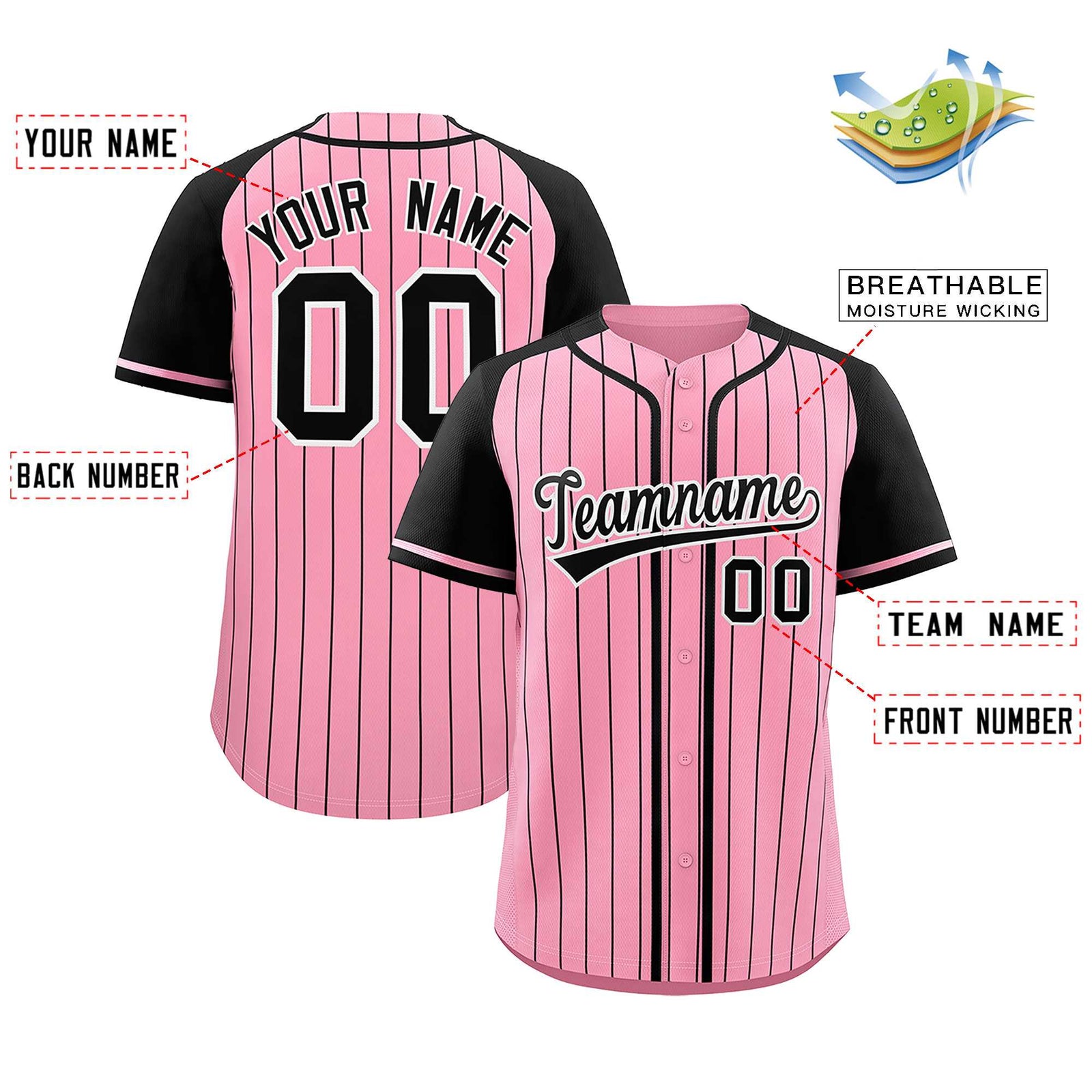 Custom Light Pink Black Stripe Fashion Raglan Sleeves Authentic Baseball Jersey