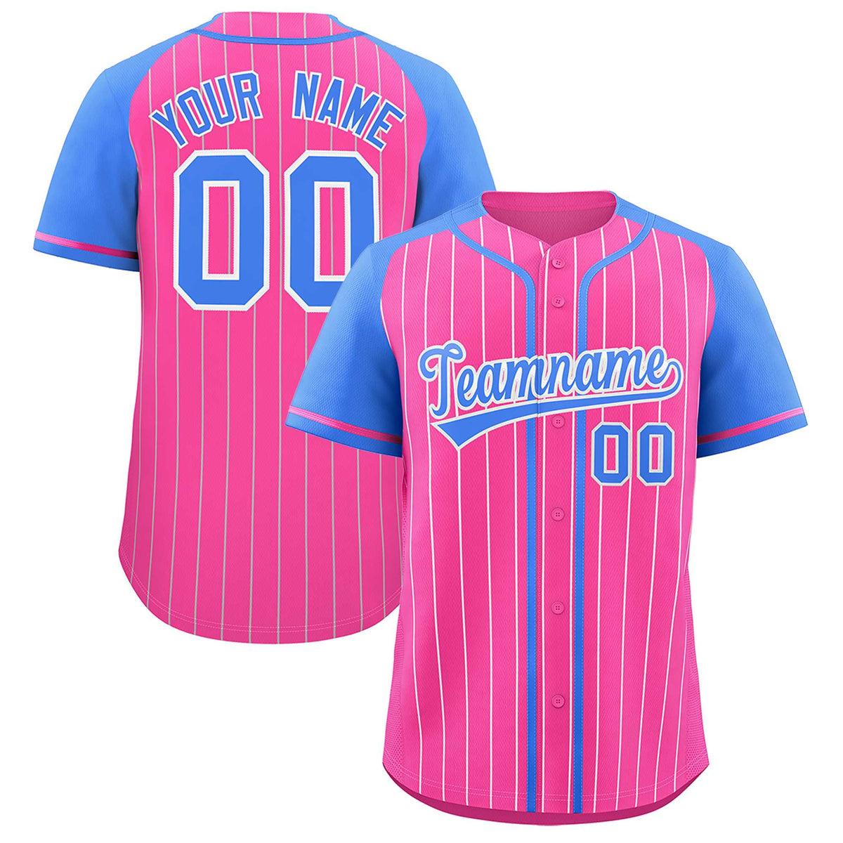 Custom Pink Powder Blue Stripe Fashion Raglan Sleeves Authentic Baseball Jersey