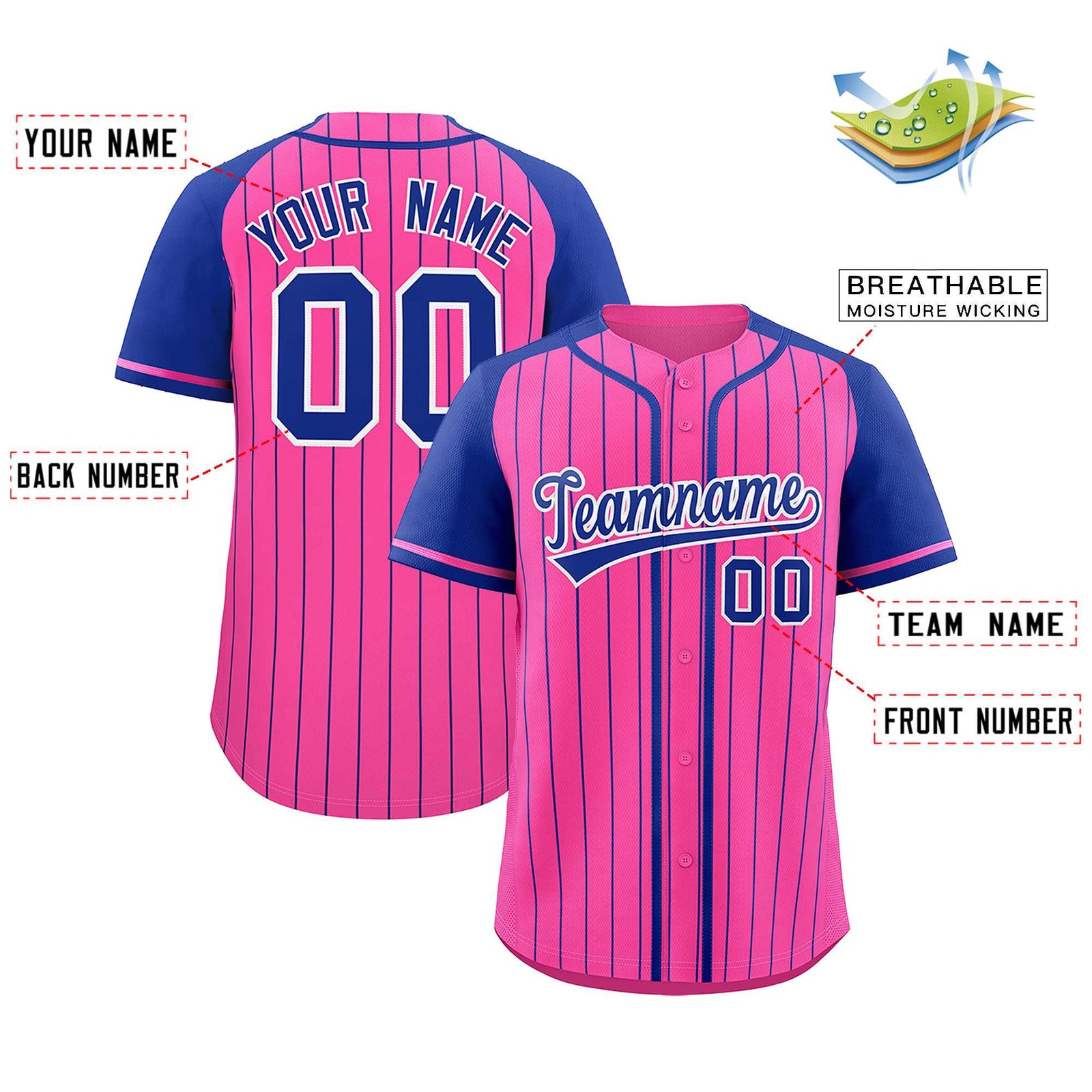 Custom Pink Royal Stripe Fashion Raglan Sleeves Authentic Baseball Jersey