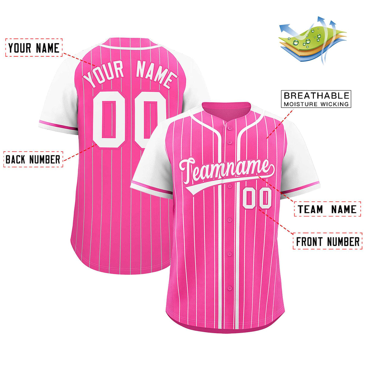 Custom Pink White Stripe Fashion Raglan Sleeves Authentic Baseball Jersey