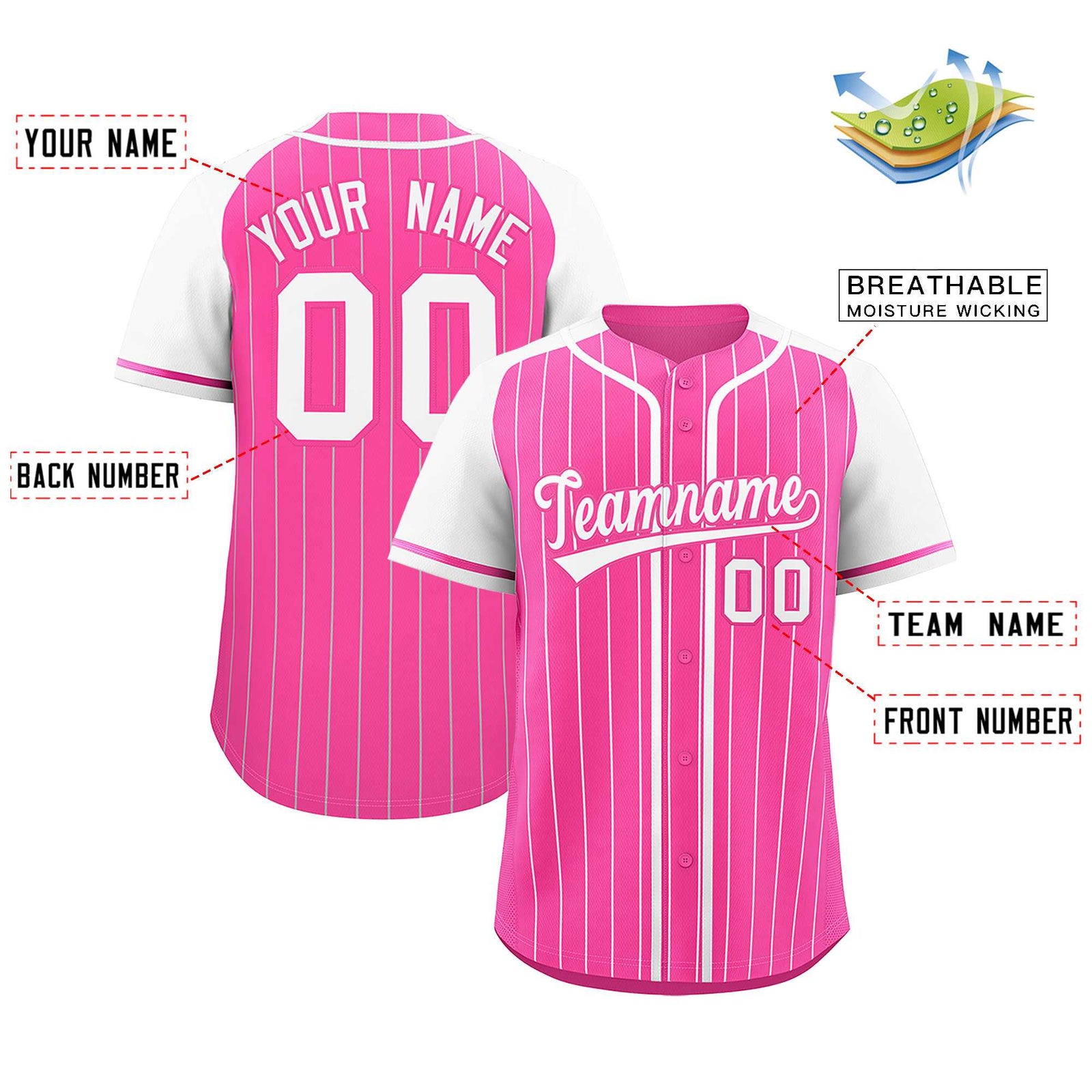Custom Pink White Stripe Fashion Raglan Sleeves Authentic Baseball Jersey