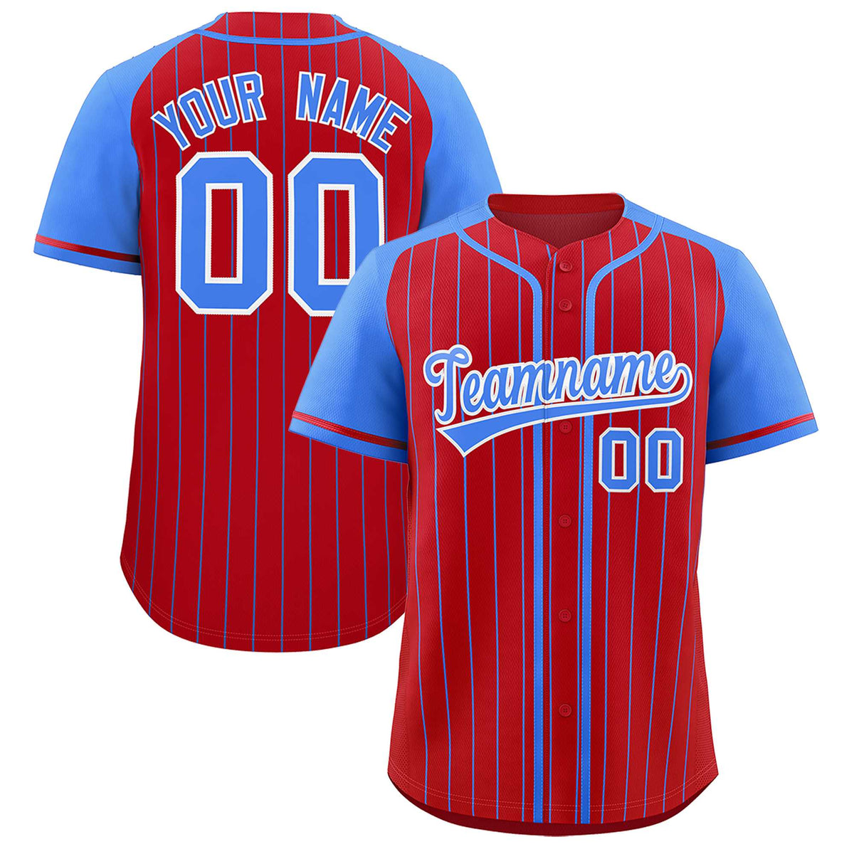 Custom Red Powder Blue Stripe Fashion Raglan Sleeves Authentic Baseball Jersey