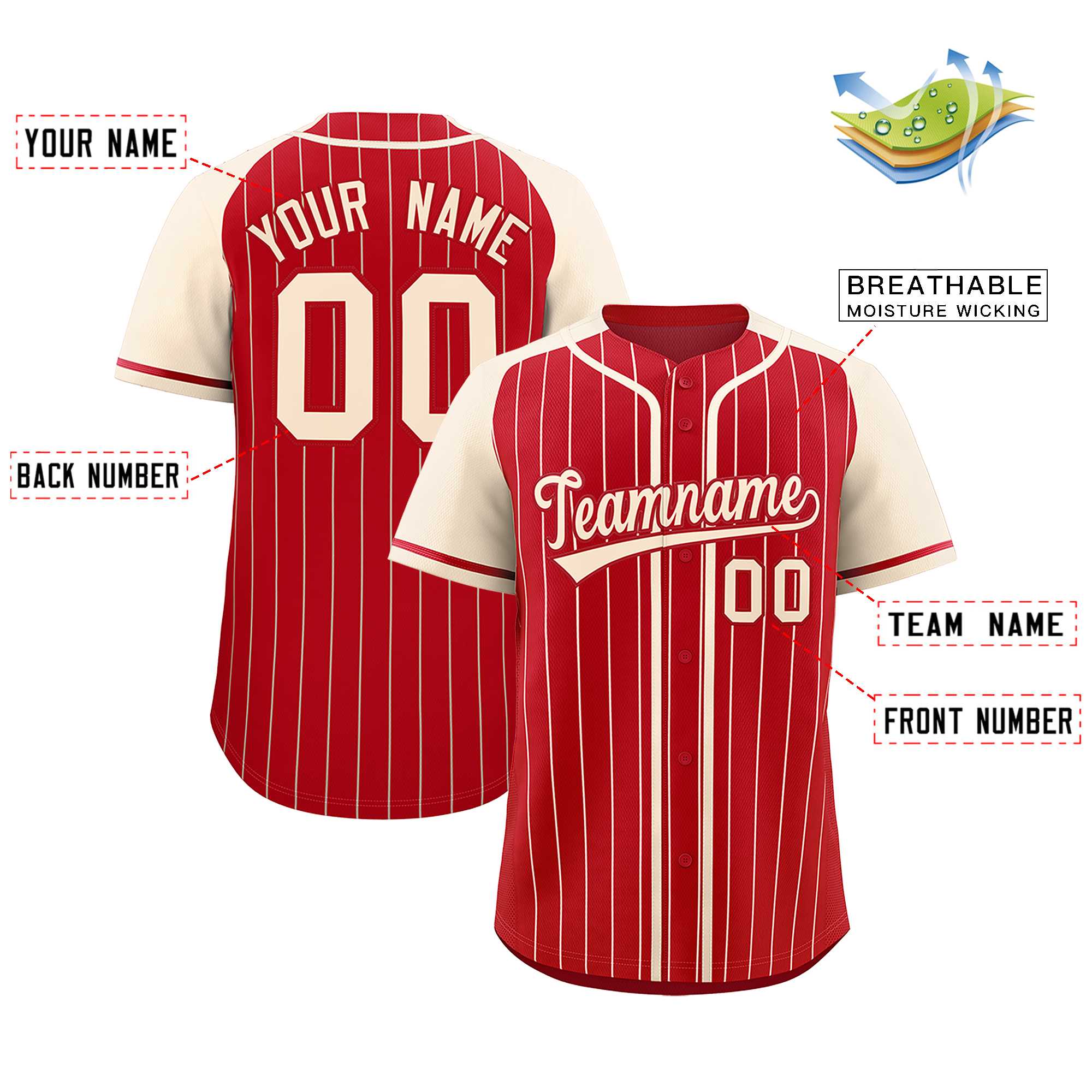 Custom Red Cream Stripe Fashion Raglan Sleeves Authentic Baseball Jersey