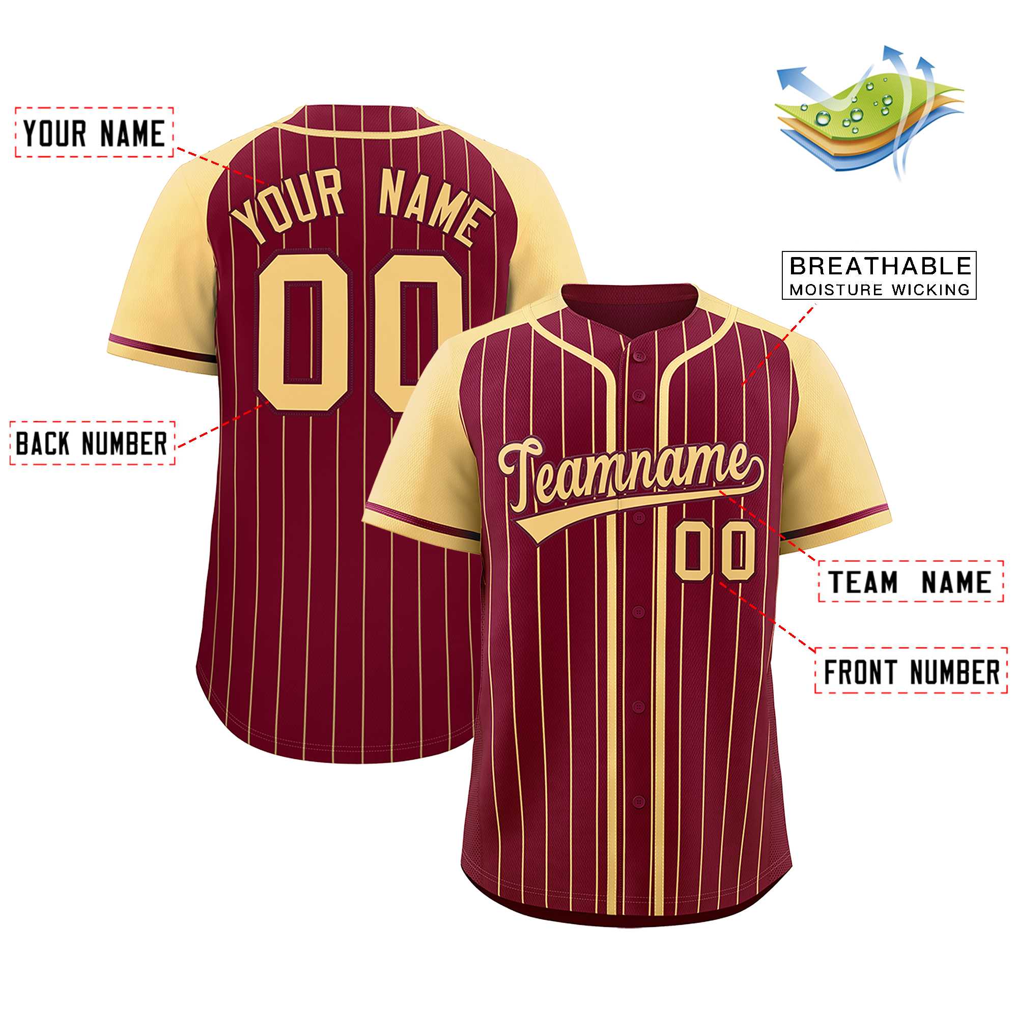Custom Crimson Khaki Stripe Fashion Raglan Sleeves Authentic Baseball Jersey