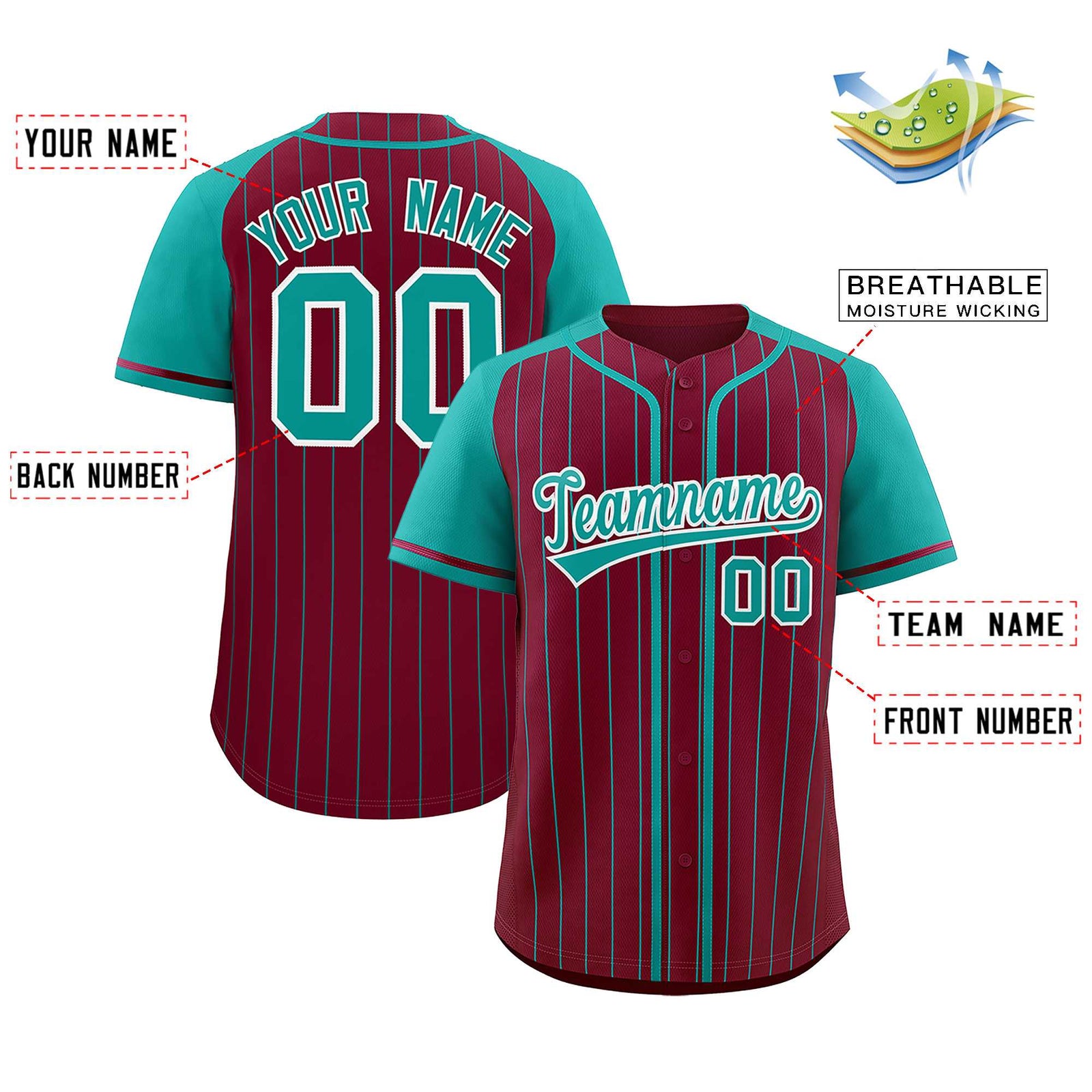 Custom Crimson Aqua Stripe Fashion Raglan Sleeves Authentic Baseball Jersey
