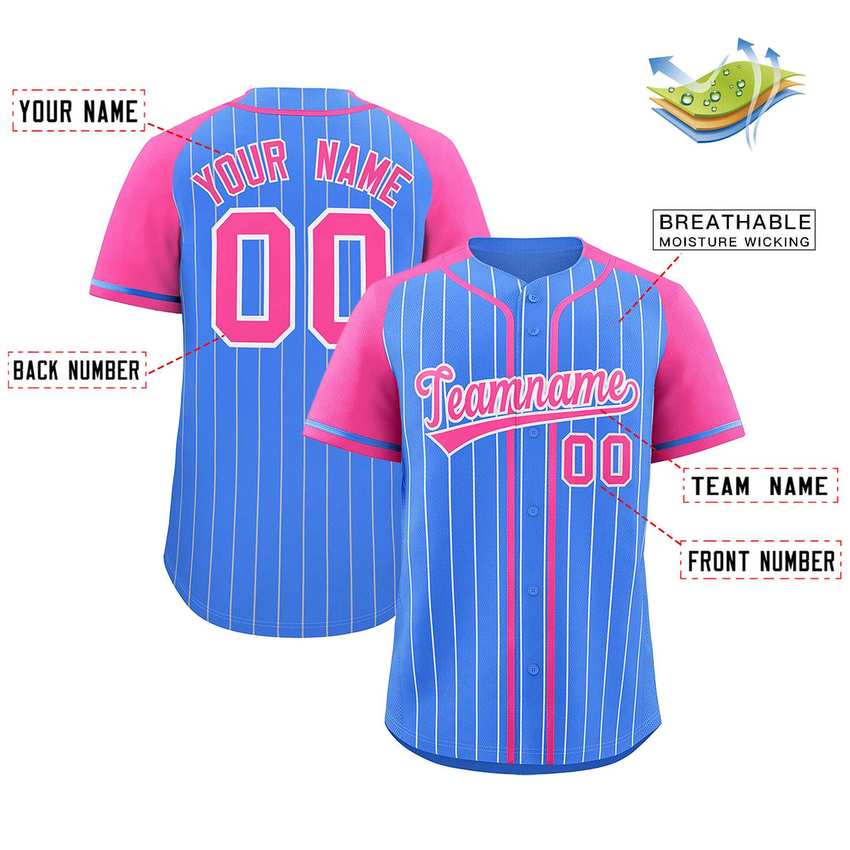 Custom Powder Blue Pink Stripe Fashion Raglan Sleeves Authentic Baseball Jersey
