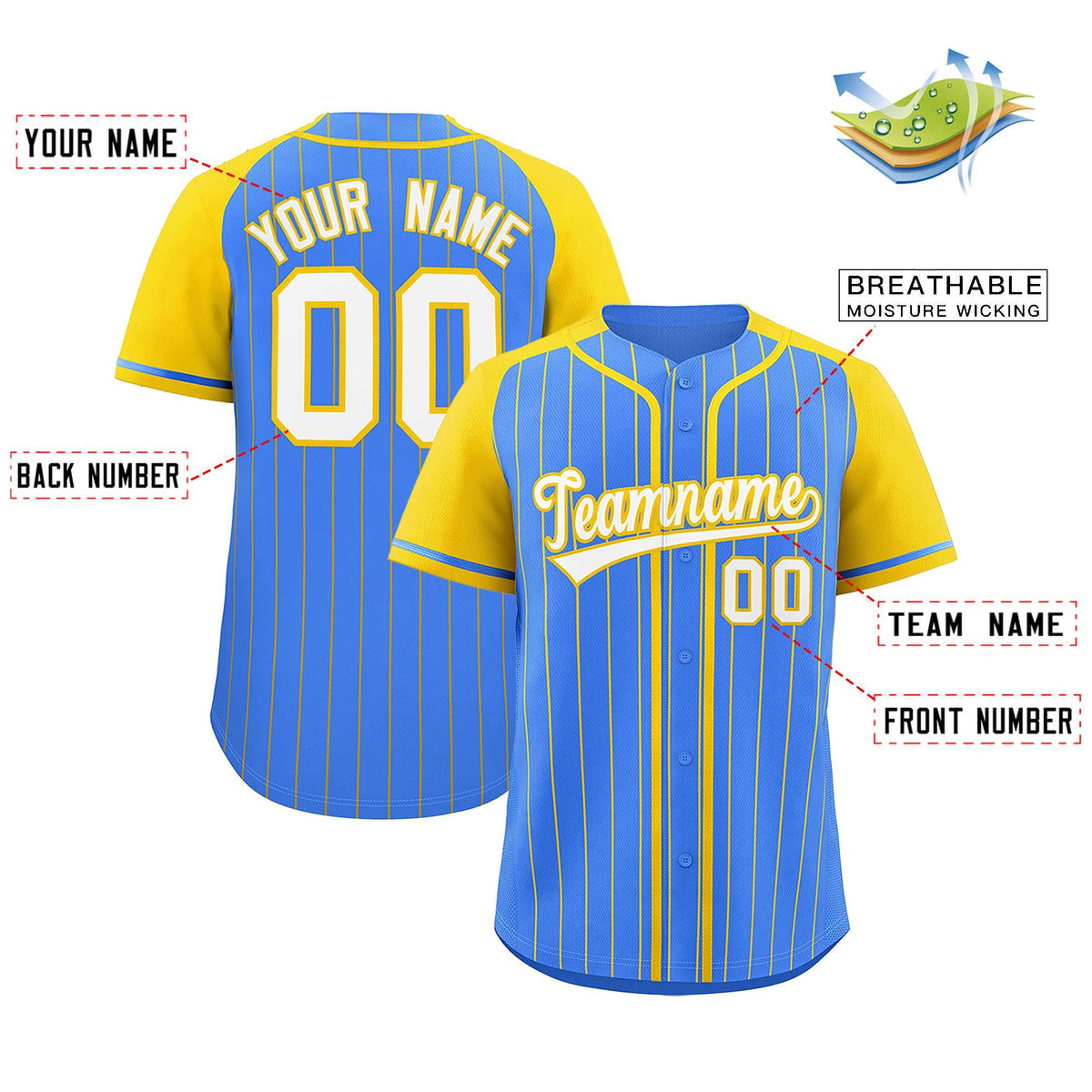 Custom Powder Blue Gold Stripe Fashion Raglan Sleeves Authentic Baseball Jersey