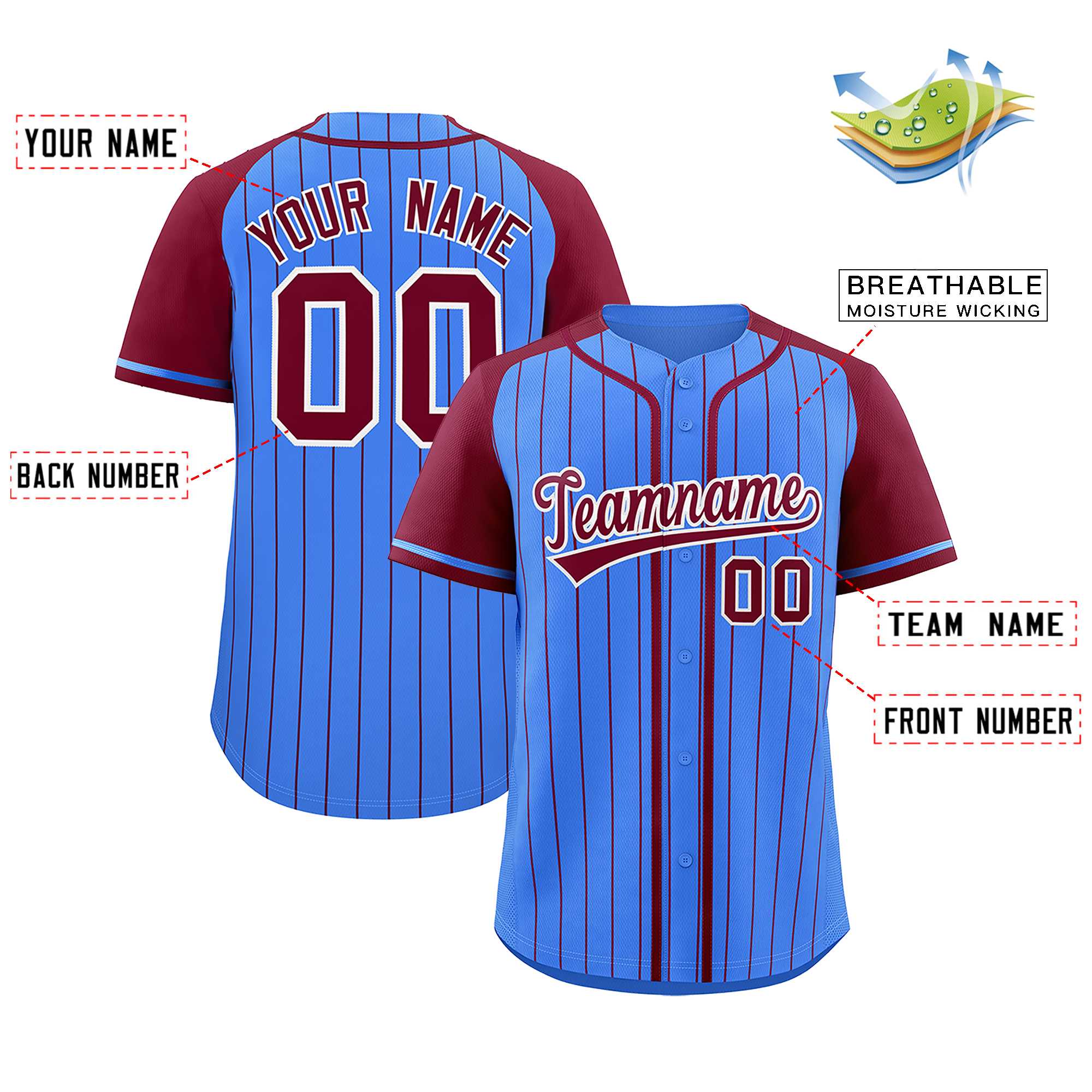 Custom Powder Blue Crimson Stripe Fashion Raglan Sleeves Authentic Baseball Jersey