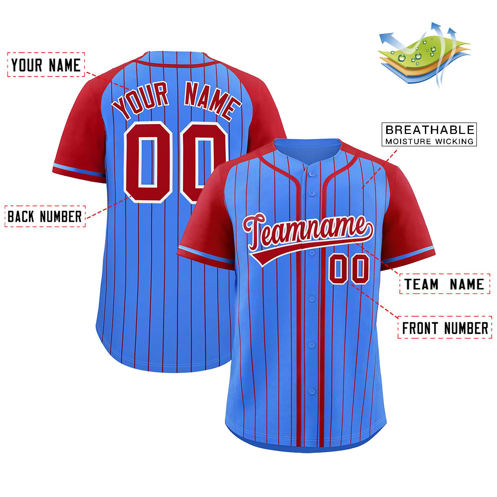 Custom Powder Blue Red Stripe Fashion Raglan Sleeves Authentic Baseball Jersey
