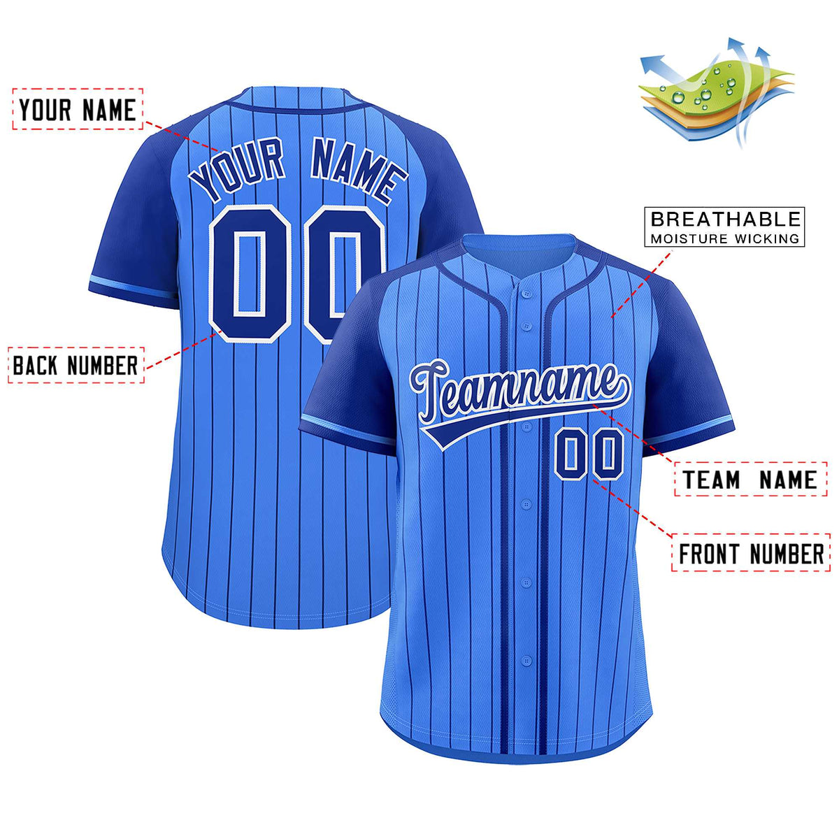 Custom Powder Blue Royal Stripe Fashion Raglan Sleeves Authentic Baseball Jersey