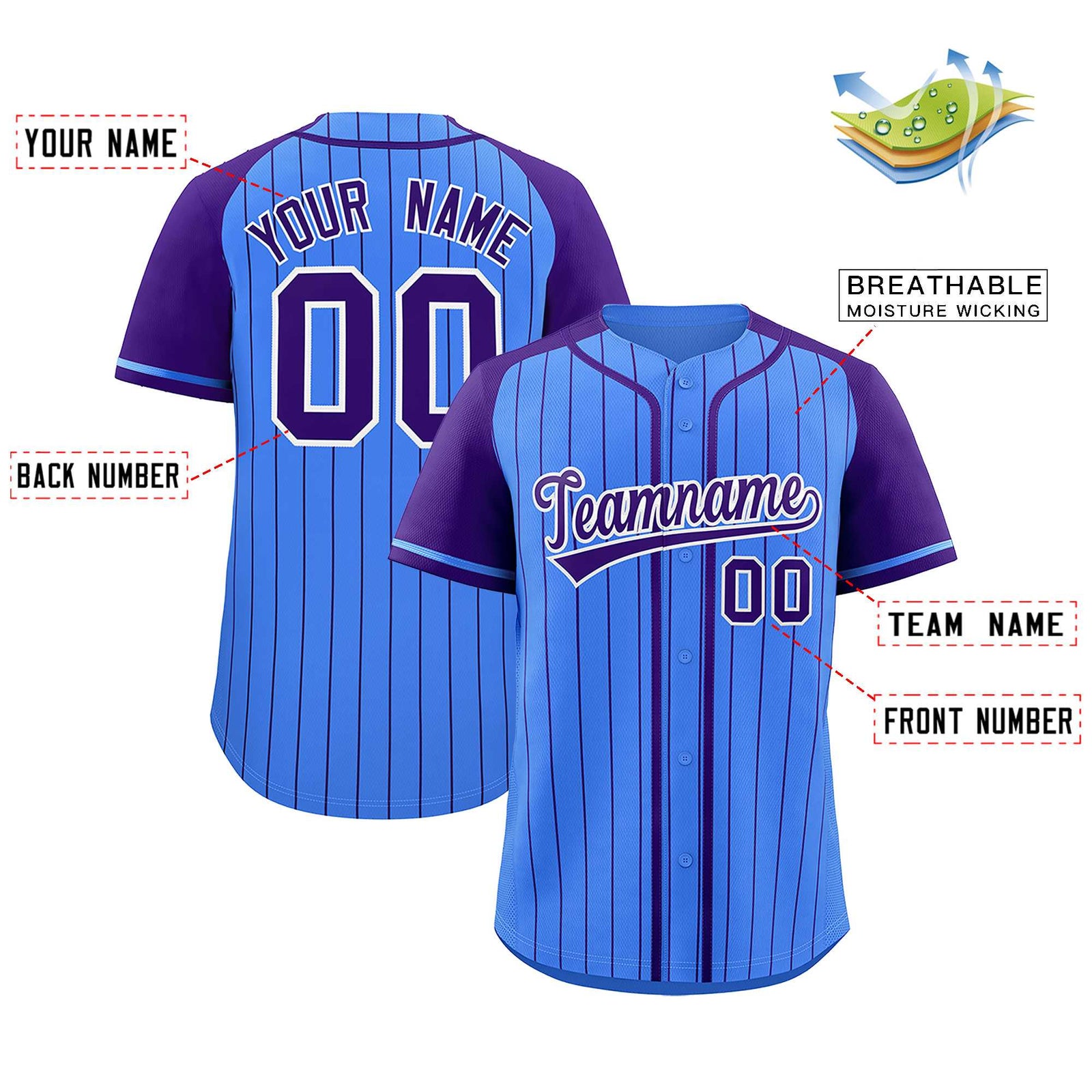 Custom Powder Blue Purple Stripe Fashion Raglan Sleeves Authentic Baseball Jersey
